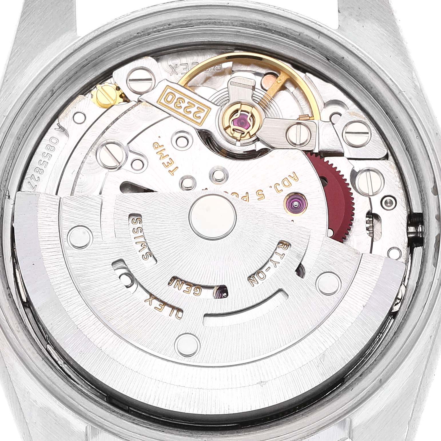 The image shows the internal mechanism of the Rolex Oyster Perpetual 76030 Women's Stainless Steel Silver Dial 76030 Women's Stainless Steel Silver Dial watch, focusing on the self-winding rotor and intricate components.