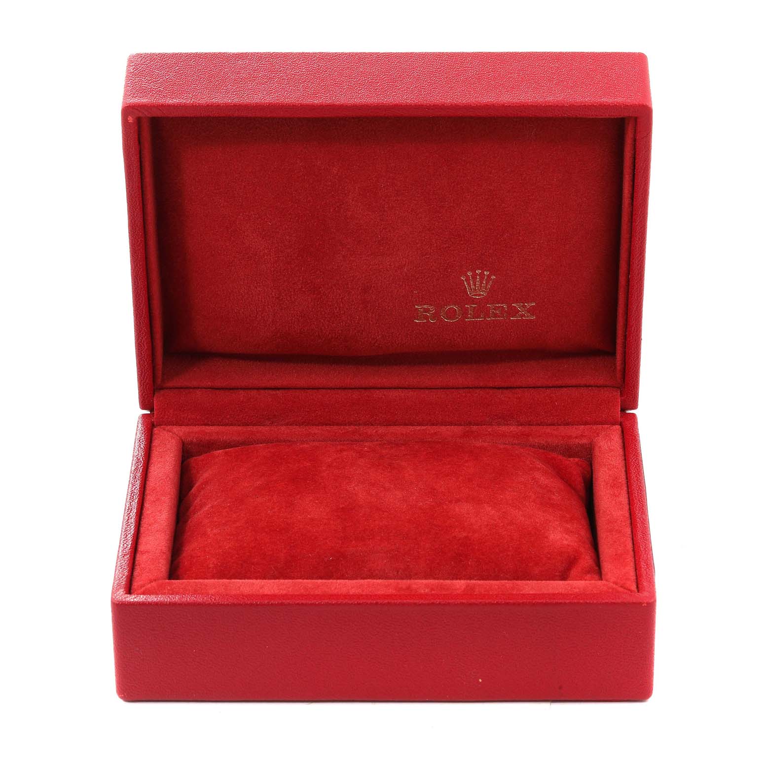 This is a red Rolex watch case for the Oyster Perpetual model, shown open and empty with a cushion inside.