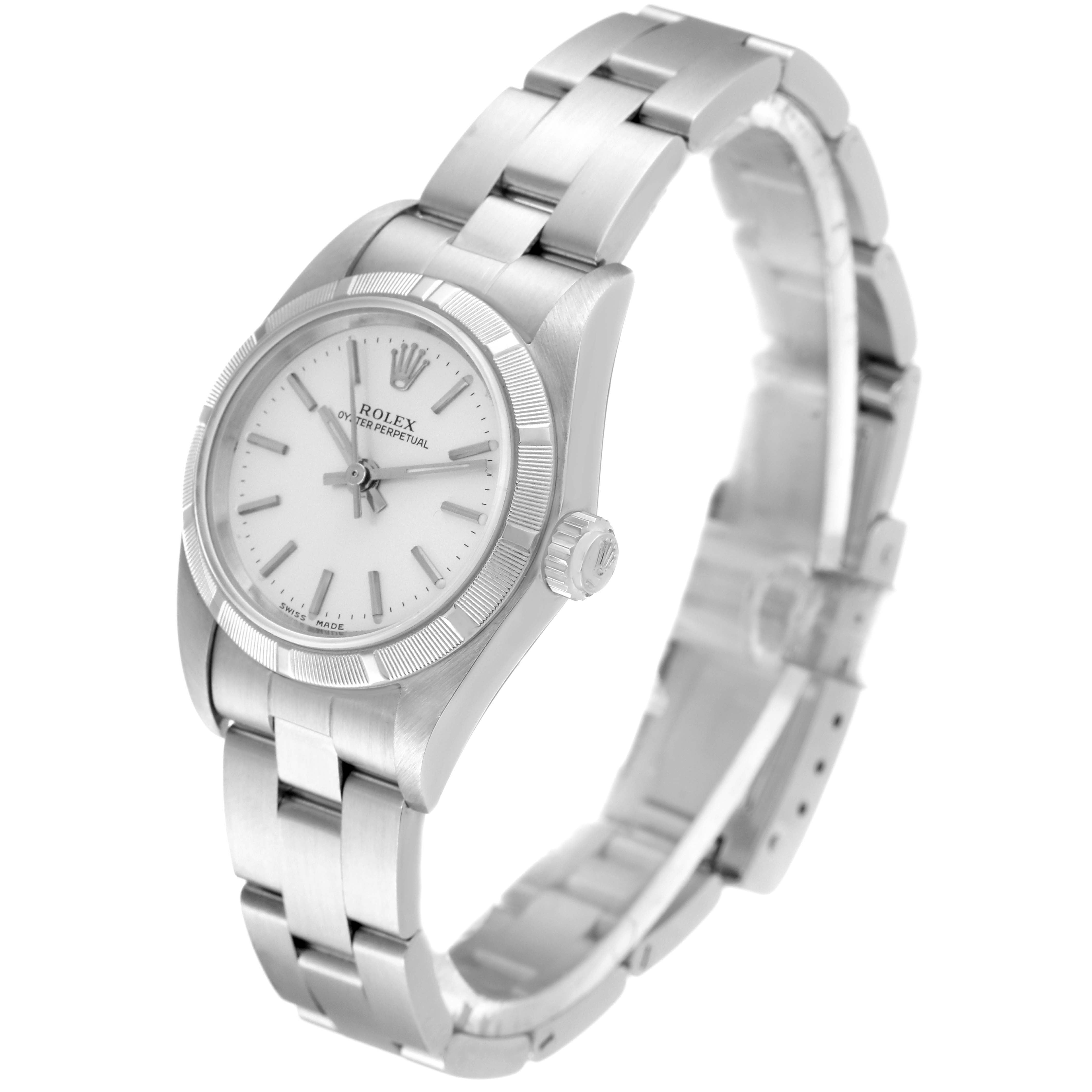 This Rolex Oyster Perpetual 76030 Women's Stainless Steel Silver Dial 76030 Women's Stainless Steel Silver Dial watch is shown at a three-quarter angle, highlighting the dial, bezel, case, and bracelet.