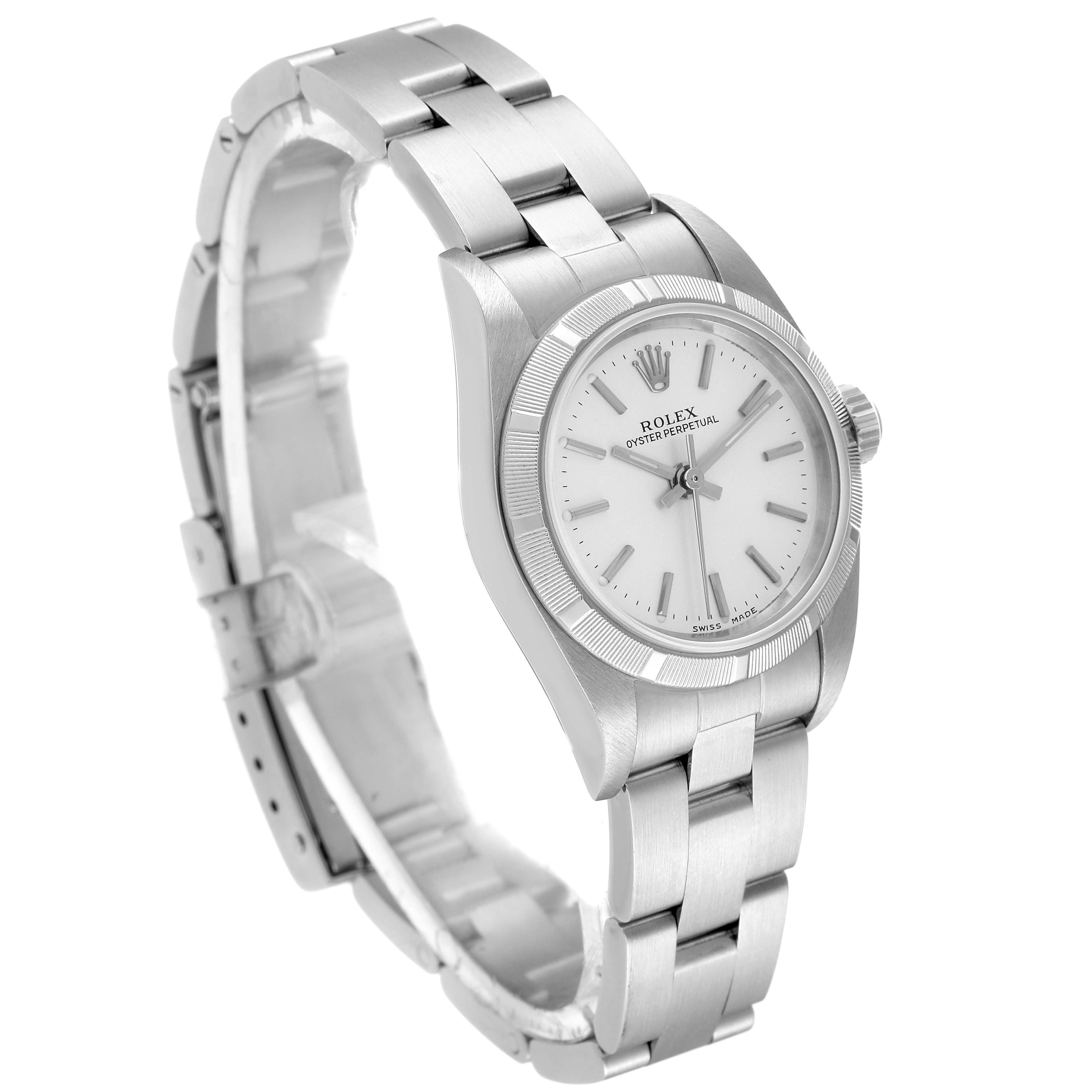 This image shows a Rolex Oyster Perpetual 76030 Women's Stainless Steel Silver Dial 76030 Women's Stainless Steel Silver Dial watch at a three-quarter angle, displaying its face, case, and bracelet.