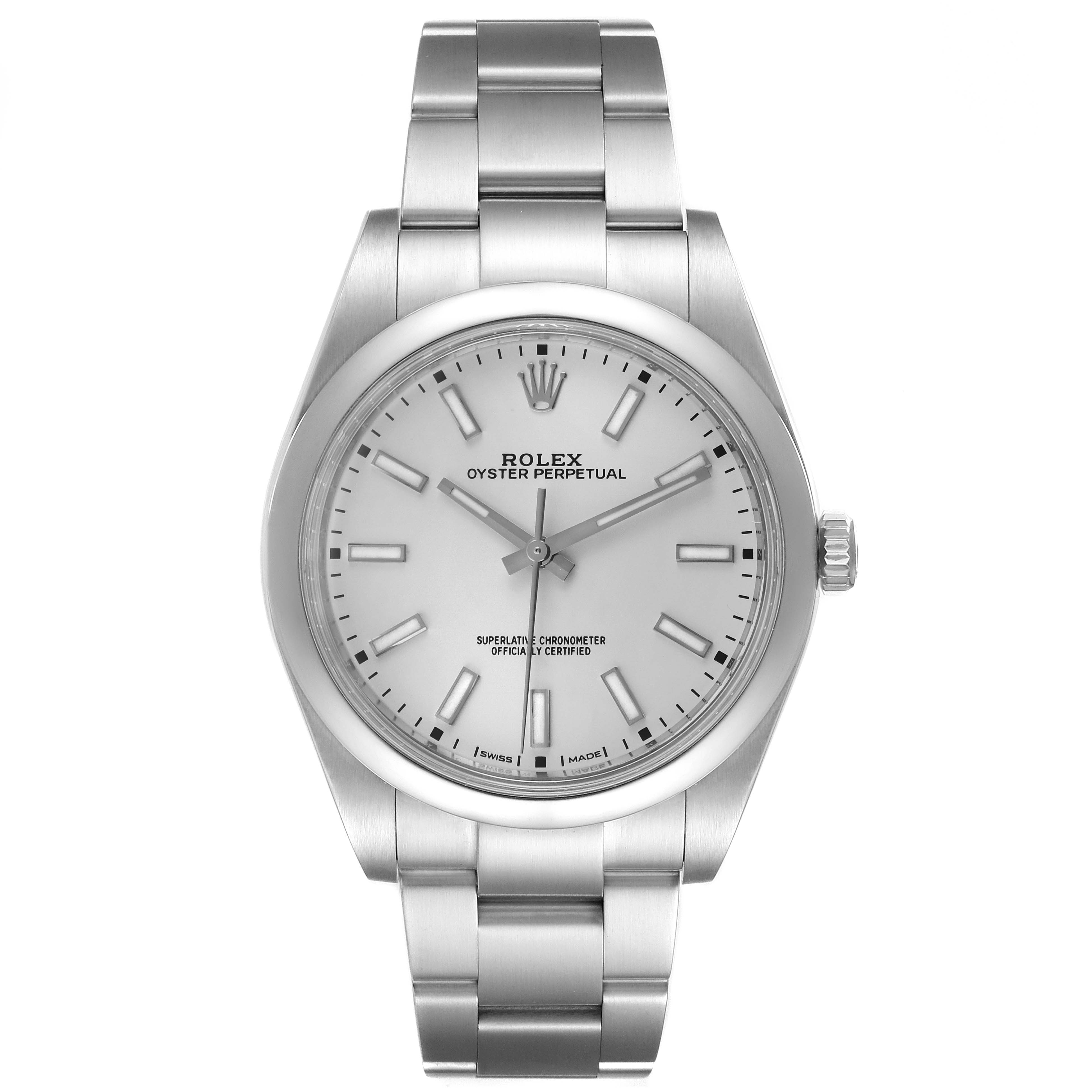 The Rolex Oyster Perpetual 114300 Men's Stainless Steel Silver Dial 114300 Men's Stainless Steel Silver Dial watch is shown from a front angle, displaying the face, bezel, and full bracelet.