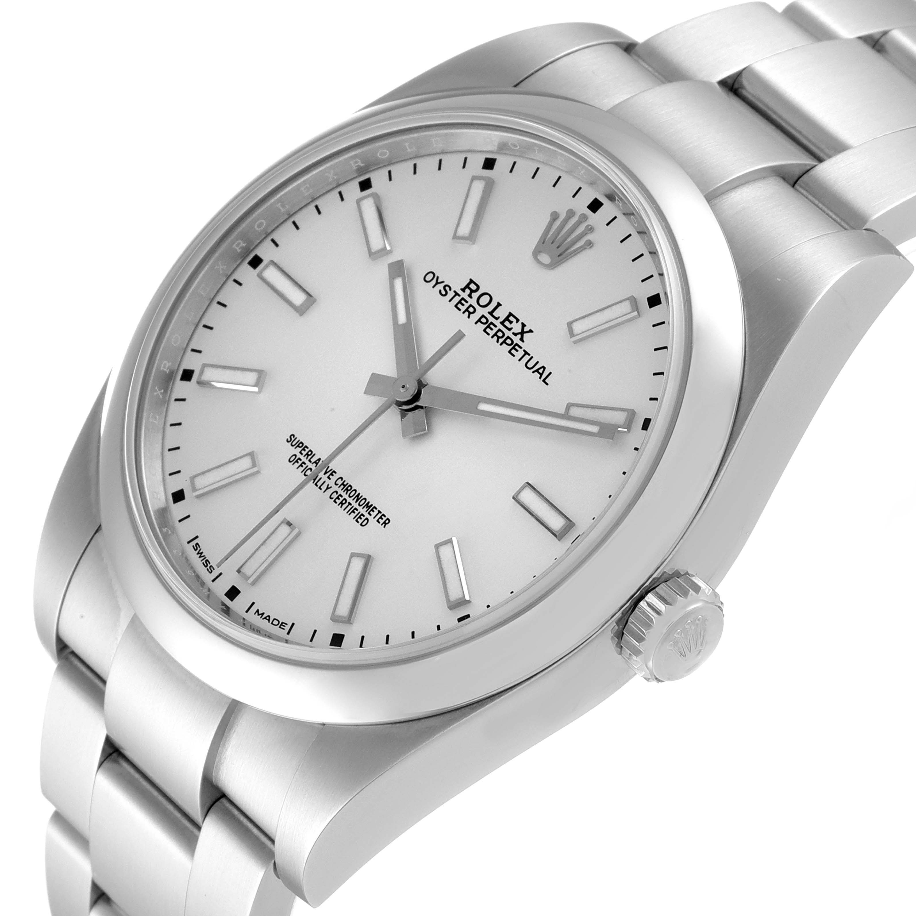 The Rolex Oyster Perpetual 114300 Men's Stainless Steel Silver Dial 114300 Men's Stainless Steel Silver Dial watch is shown at a three-quarter angle, highlighting the dial, crown, and part of the bracelet.