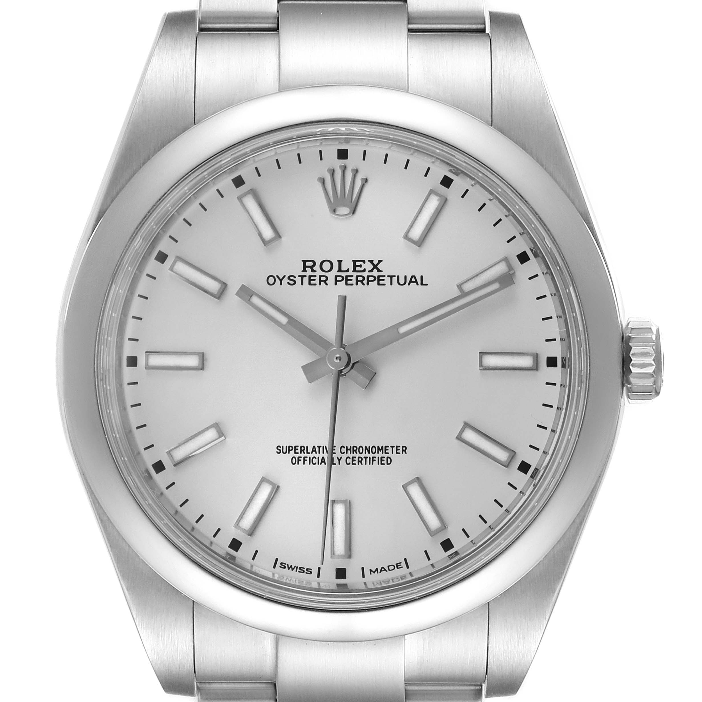 This image shows a frontal view of a Rolex Oyster Perpetual 114300 Men's Stainless Steel Silver Dial 114300 Men's Stainless Steel Silver Dial watch, displaying the dial, hands, crown, and part of the bracelet.