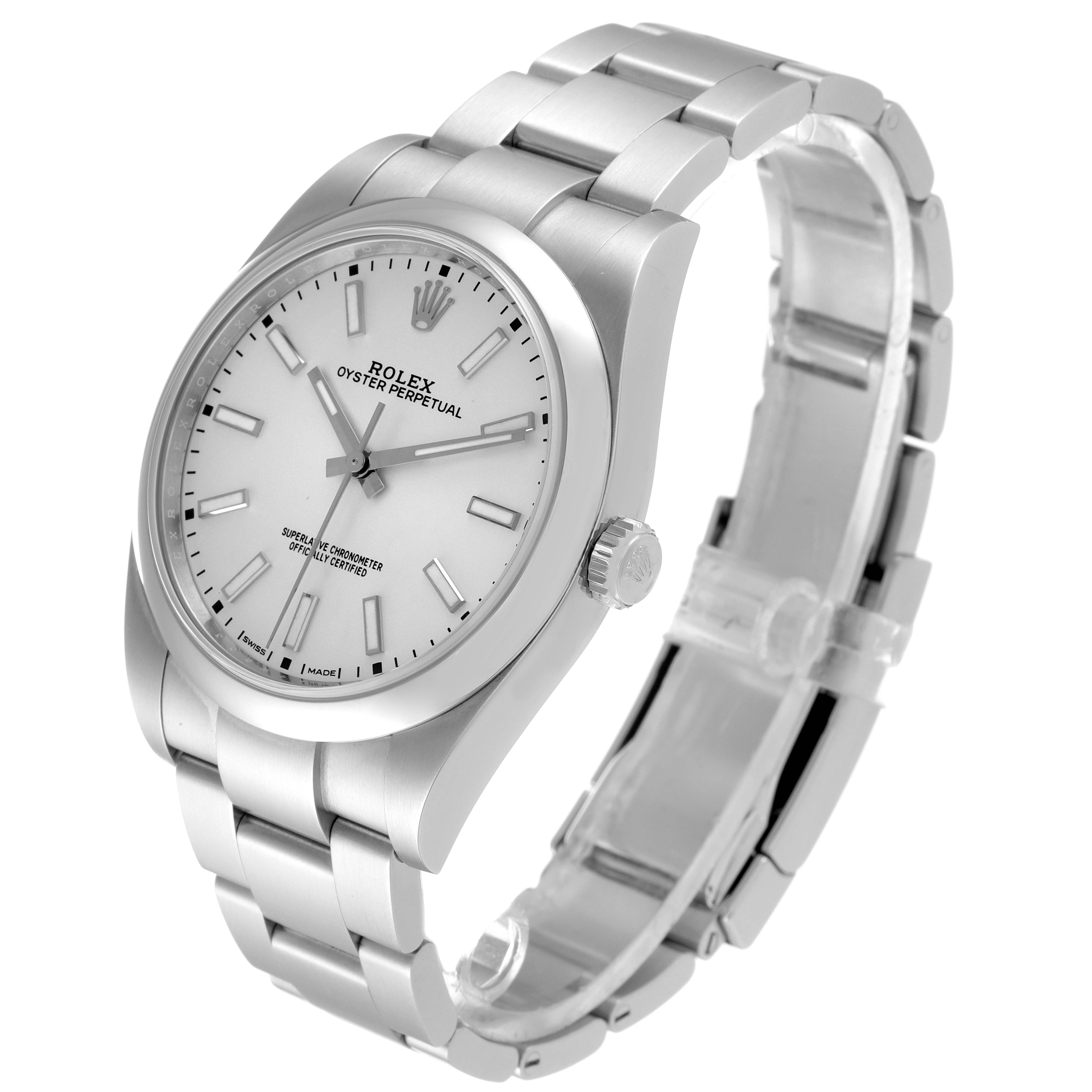 The Rolex Oyster Perpetual 114300 Men's Stainless Steel Silver Dial 114300 Men's Stainless Steel Silver Dial watch is shown at a slight angle, highlighting the face, crown, and bracelet.