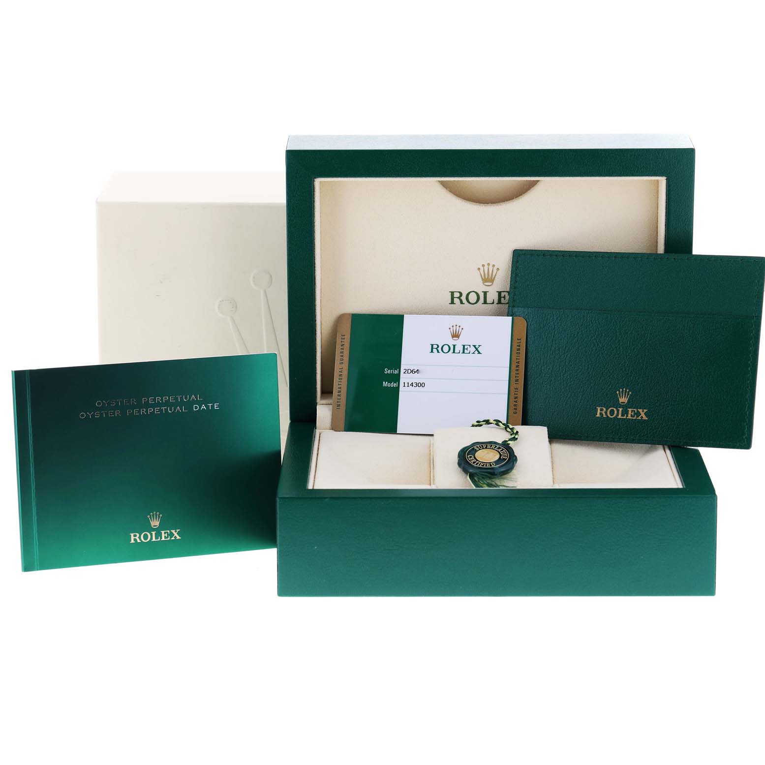 The image shows an angled view of Rolex Oyster Perpetual 114300 Men's Stainless Steel Silver Dial 114300 Men's Stainless Steel Silver Dial watch packaging, including the box, warranty card, and booklet.
