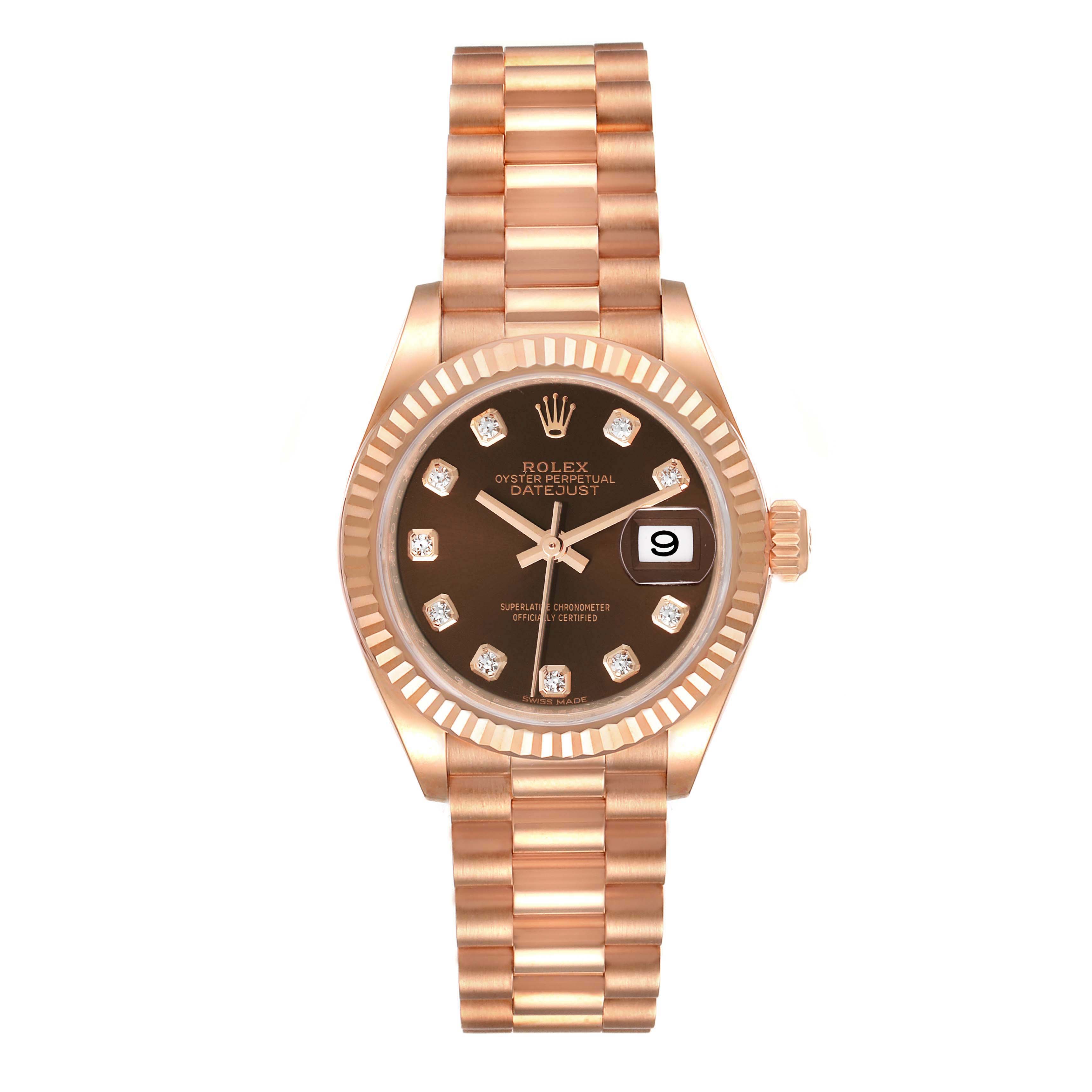 The image shows a front view of the Rolex President 279175 Women
s Rose Gold Brown Dial 279175 Women
s Rose Gold Brown Dial model watch, highlighting the dial, bezel, bracelet, and date window.
