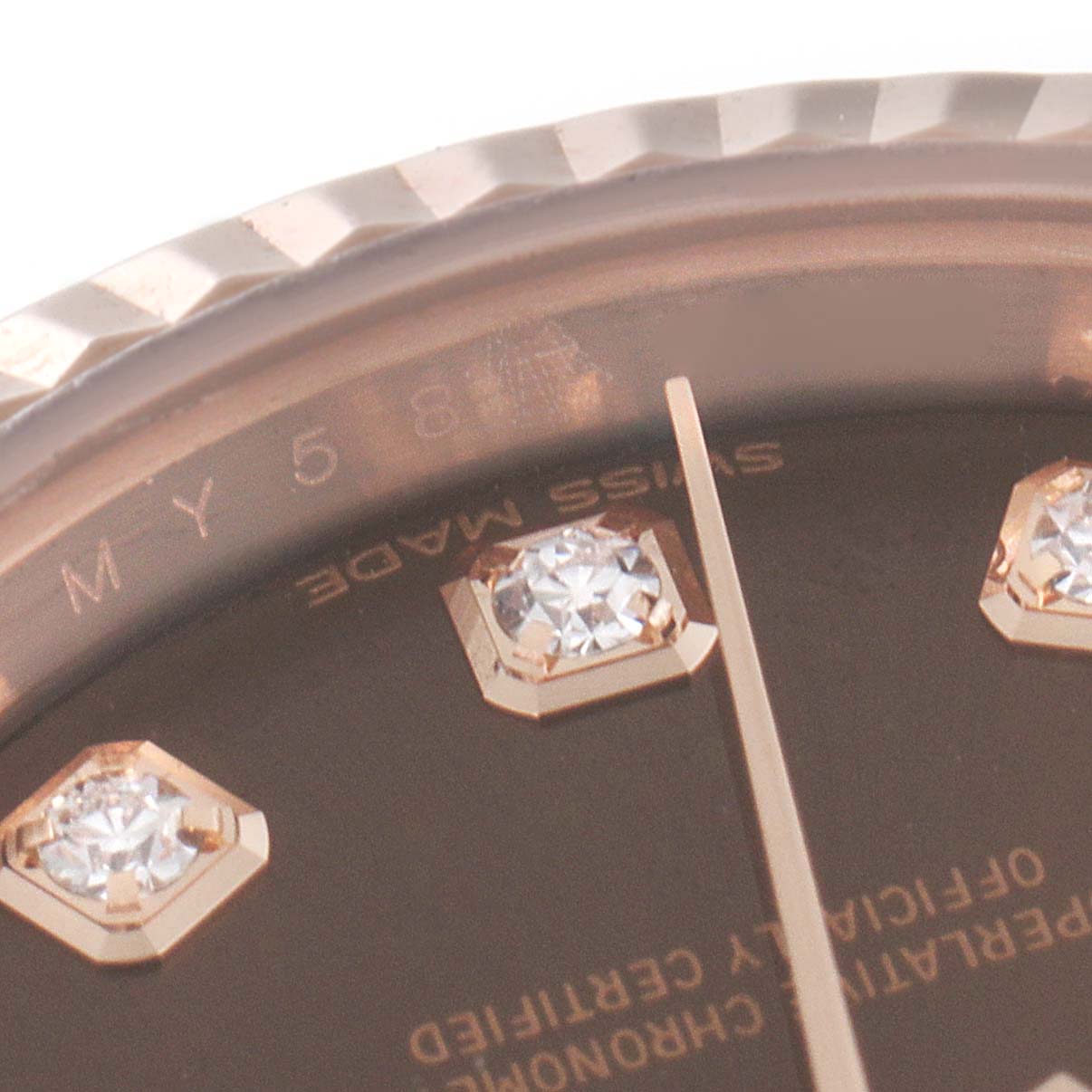 The image shows a close-up of the dial and bezel of a Rolex President 279175 Women
s Rose Gold Brown Dial 279175 Women
s Rose Gold Brown Dial model watch, including diamond hour markers.