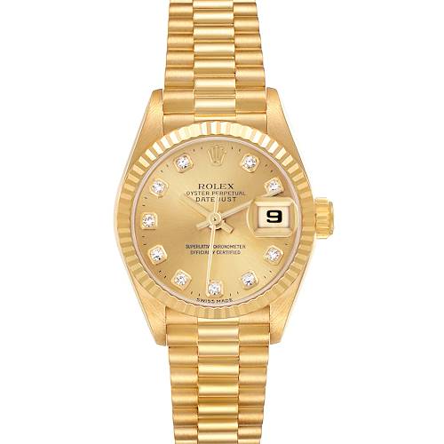 The Rolex President model is shown from a top-down angle, highlighting its gold bracelet, diamond markers, and fluted bezel.