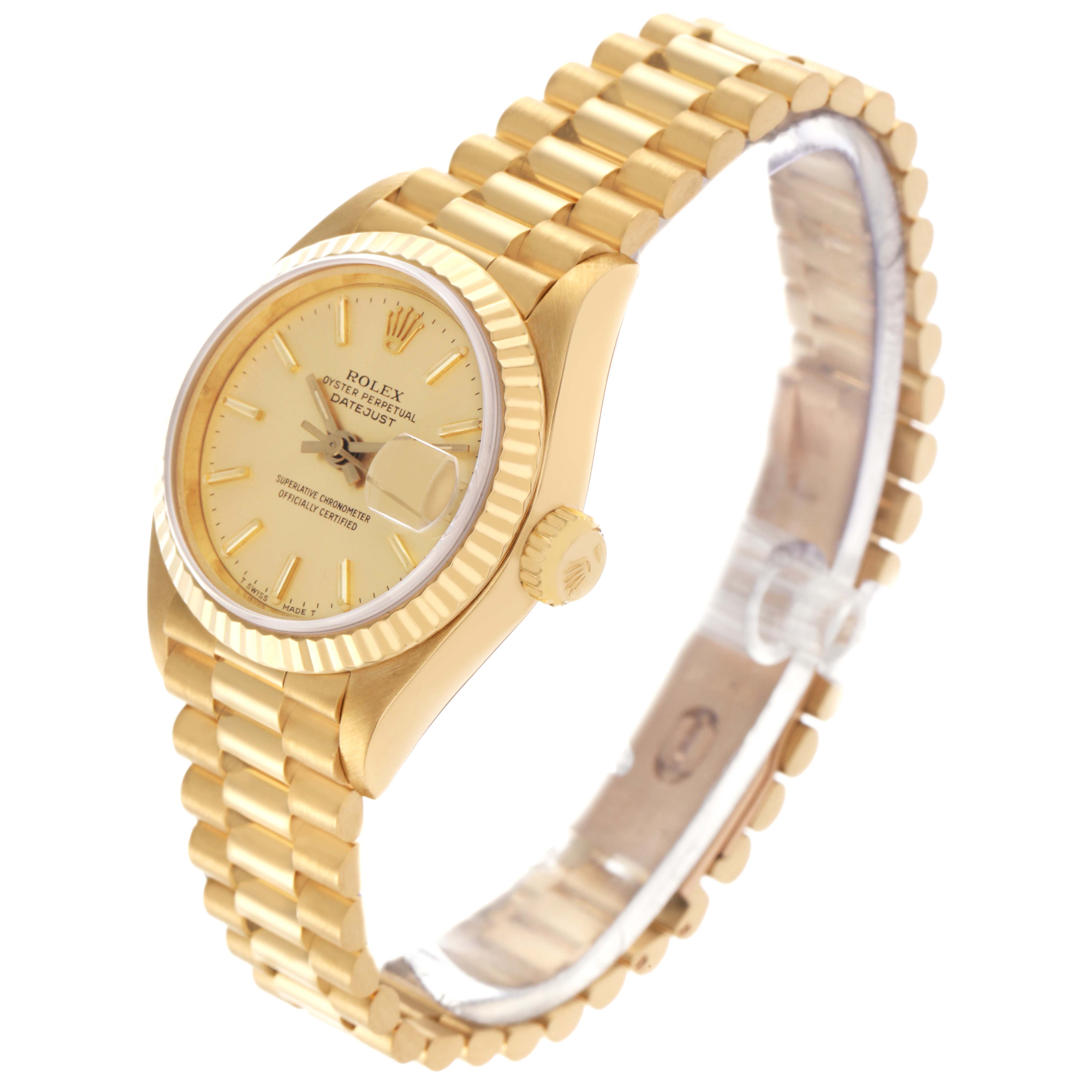 The Rolex President 69178 Women
s Yellow Gold Champagne Dial 69178 Women
s Yellow Gold Champagne Dial model is shown from an angled side view, highlighting the face, bezel, crown, and bracelet.