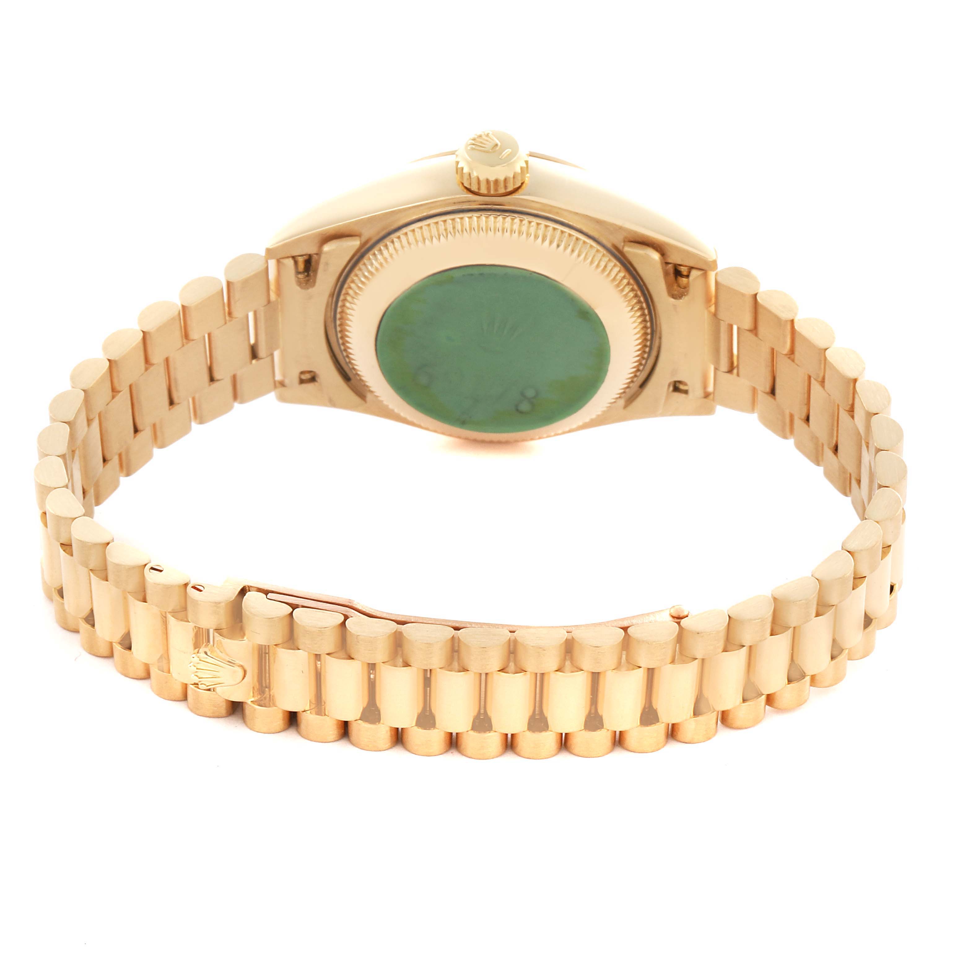 The image shows the back and bracelet of a Rolex President 69178 Women
s Yellow Gold Champagne Dial 69178 Women
s Yellow Gold Champagne Dial model, highlighting its clasp and case back.