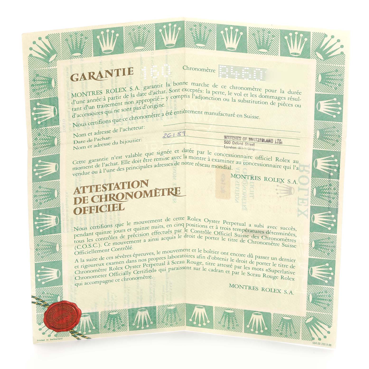 The image shows a flatly laid Rolex warranty certificate for the President model, highlighting branding details.