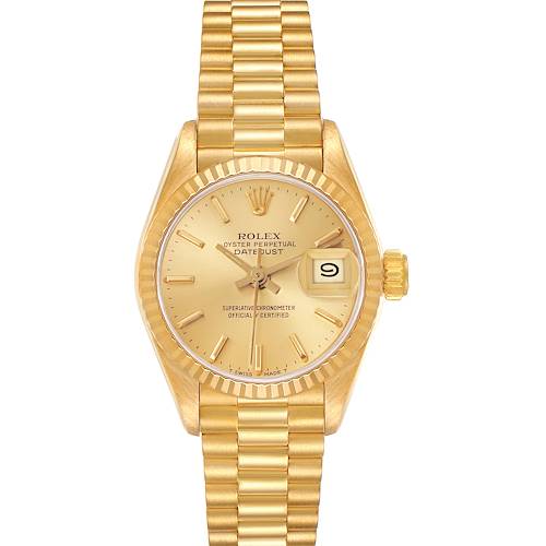 The Rolex President watch is shown from a top-down angle, displaying its dial, fluted bezel, bracelet, and crown.