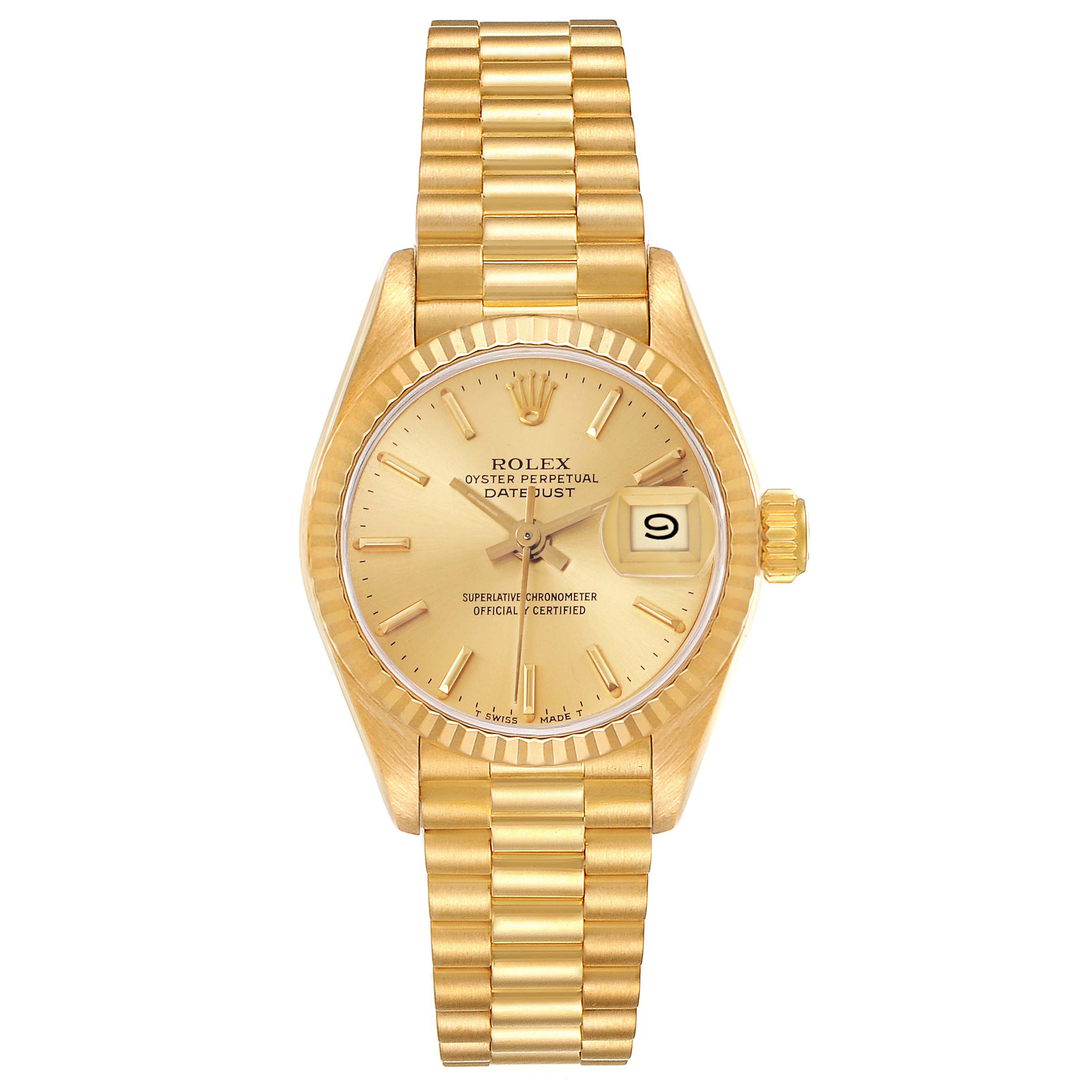 The Rolex President 69178 Women
s Yellow Gold Champagne Dial 69178 Women
s Yellow Gold Champagne Dial watch is shown from a top-down angle, highlighting its gold dial, date window, and bracelet.