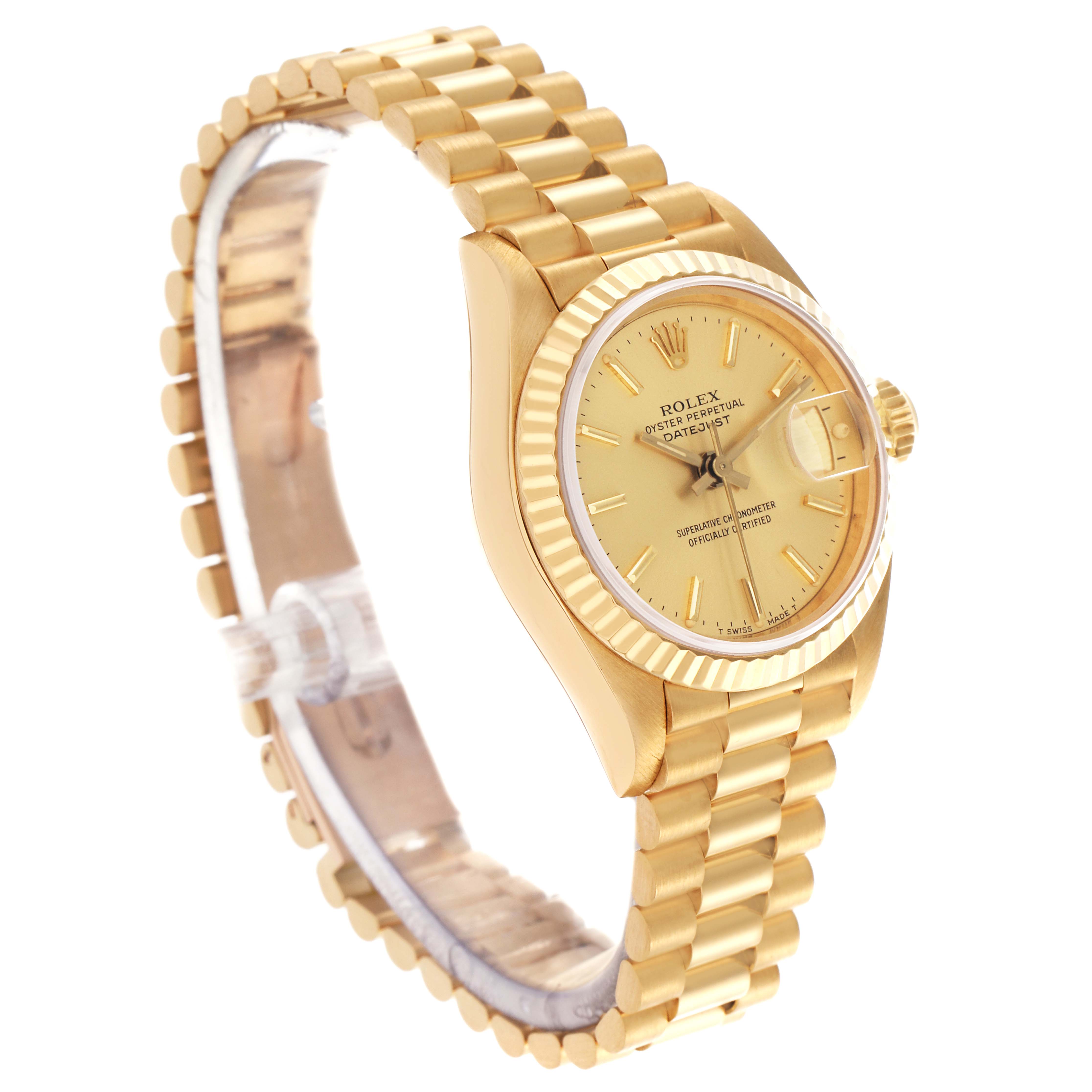 The Rolex President 69178 Women
s Yellow Gold Champagne Dial 69178 Women
s Yellow Gold Champagne Dial model is shown at a tilted angle, highlighting the fluted bezel, dial, and signature bracelet.