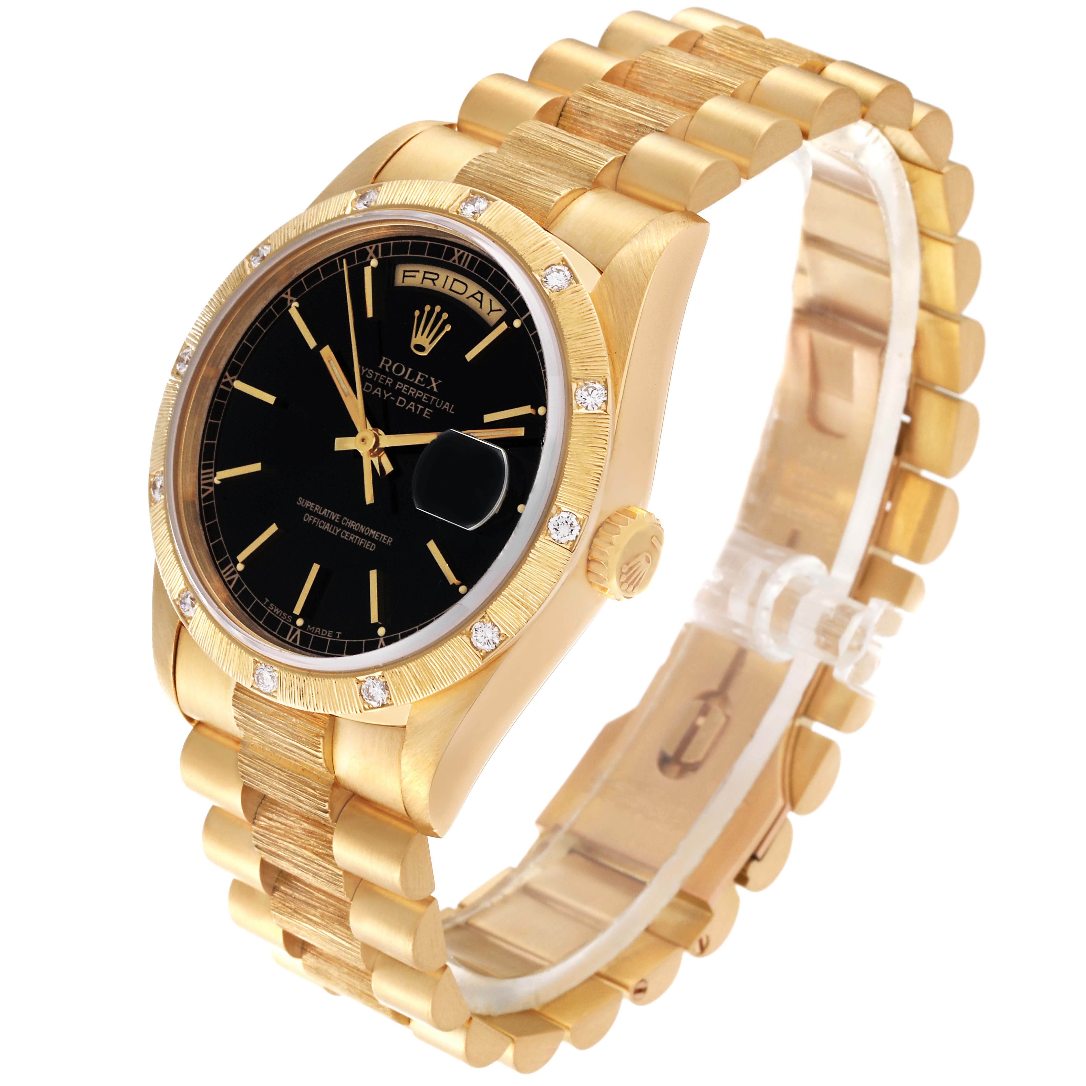 This image shows a Rolex President 18308 Men's Yellow Gold Black Dial 18308 Men's Yellow Gold Black Dial model watch at an angled view, highlighting the gold bracelet, black dial, and diamond bezel.