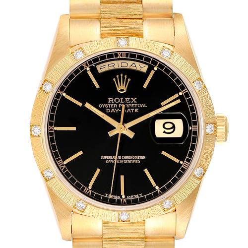 Photo of Rolex President Day-Date Yellow Gold Black Dial Diamond Mens Watch 18308