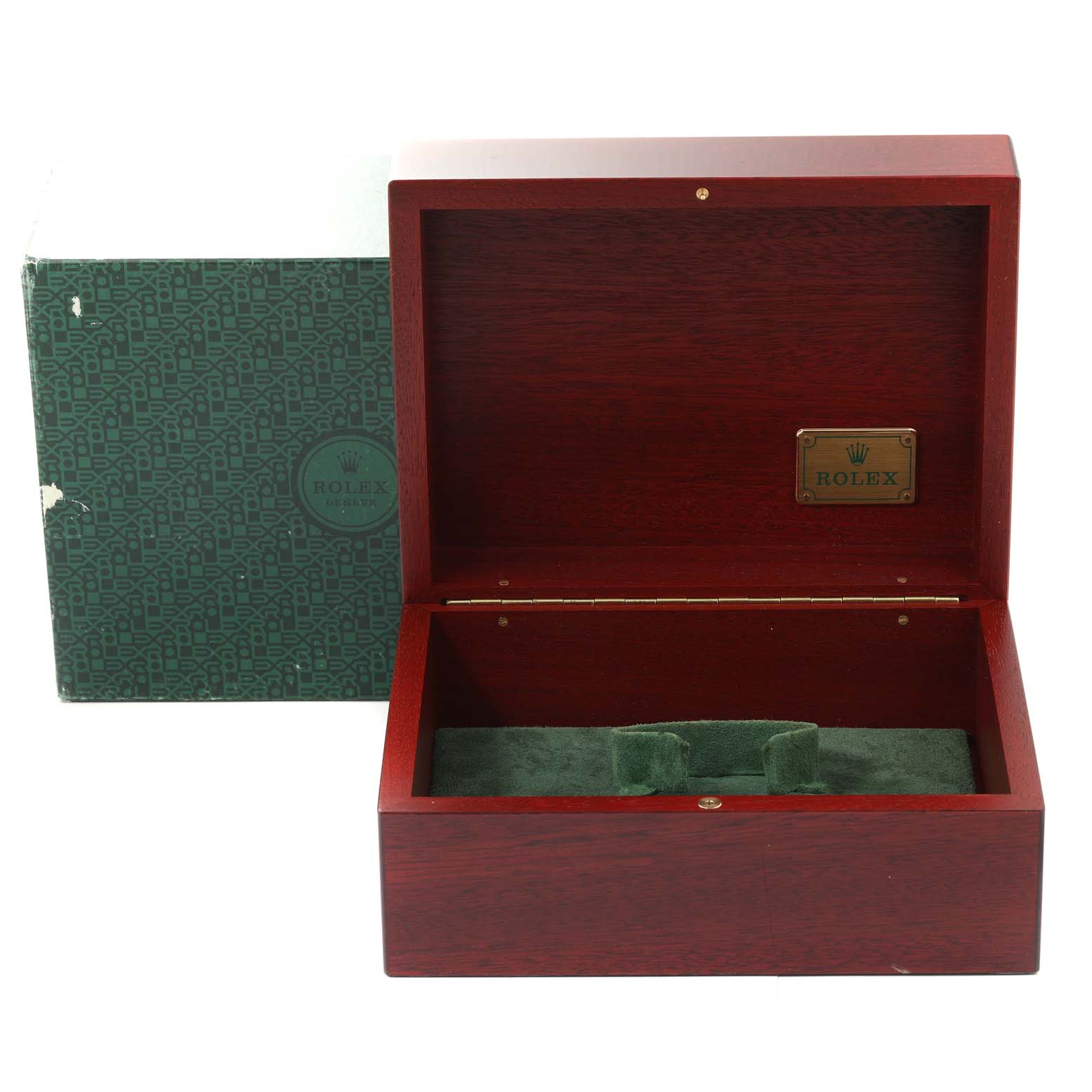 The image shows an open wooden presentation box and outer packaging for a Rolex President 18308 Men's Yellow Gold Black Dial 18308 Men's Yellow Gold Black Dial model watch.