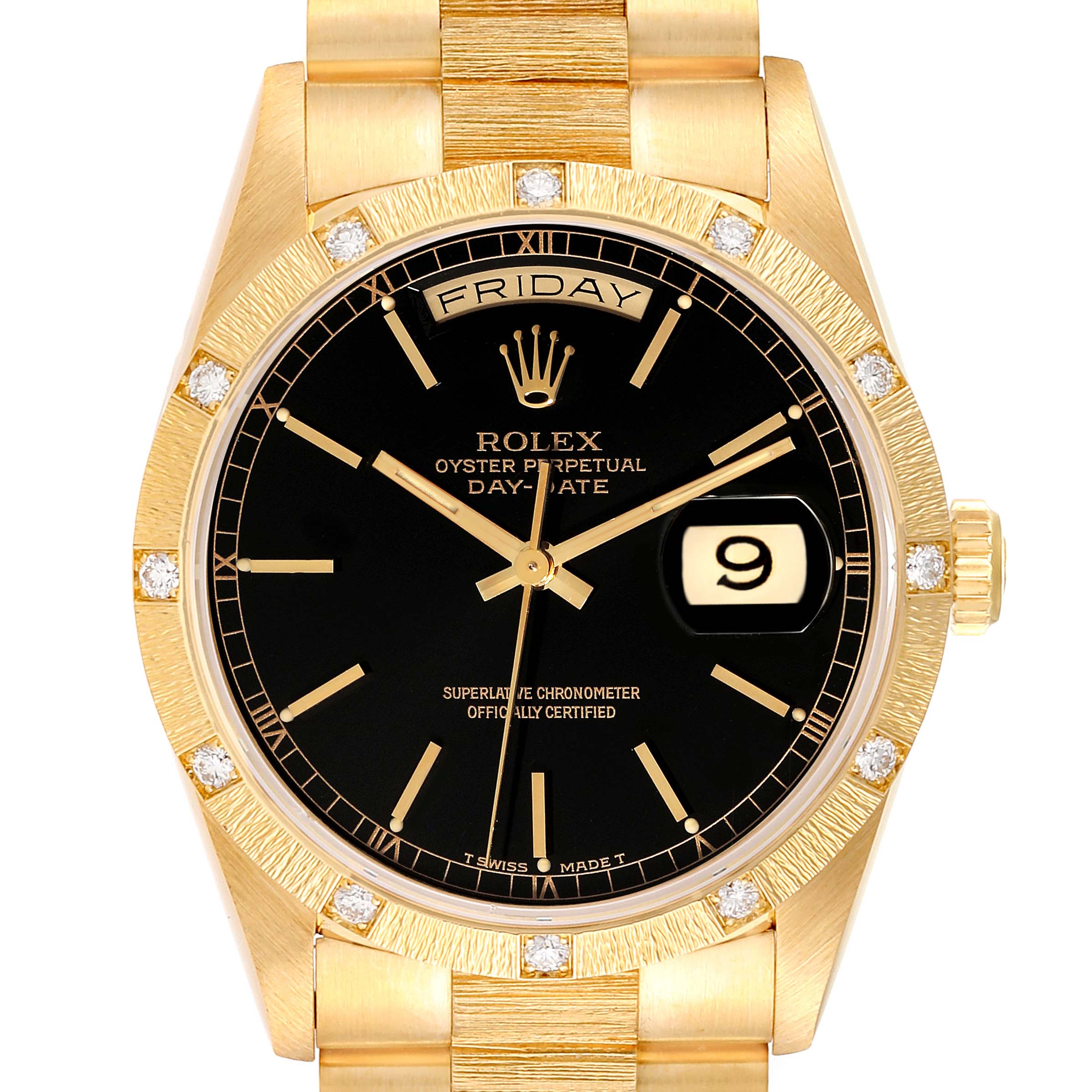 The Rolex President 18308 Men's Yellow Gold Black Dial 18308 Men's Yellow Gold Black Dial model watch is shown from a front angle, highlighting the black dial, gold case, and bracelet with diamond markers.
