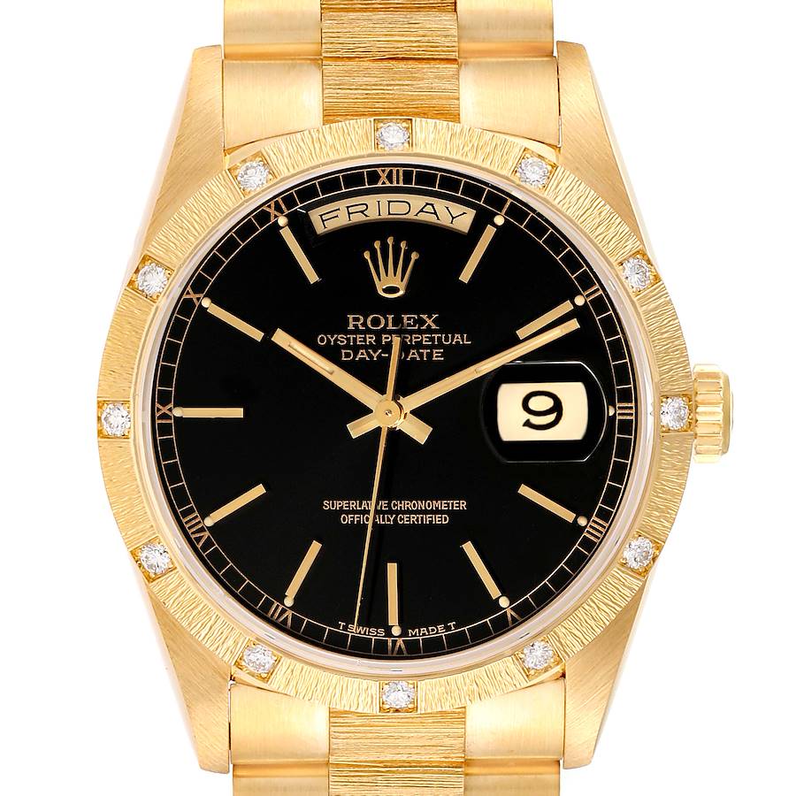 Rolex President Day-Date Yellow Gold Black Dial Diamond Mens Watch 18308 SwissWatchExpo