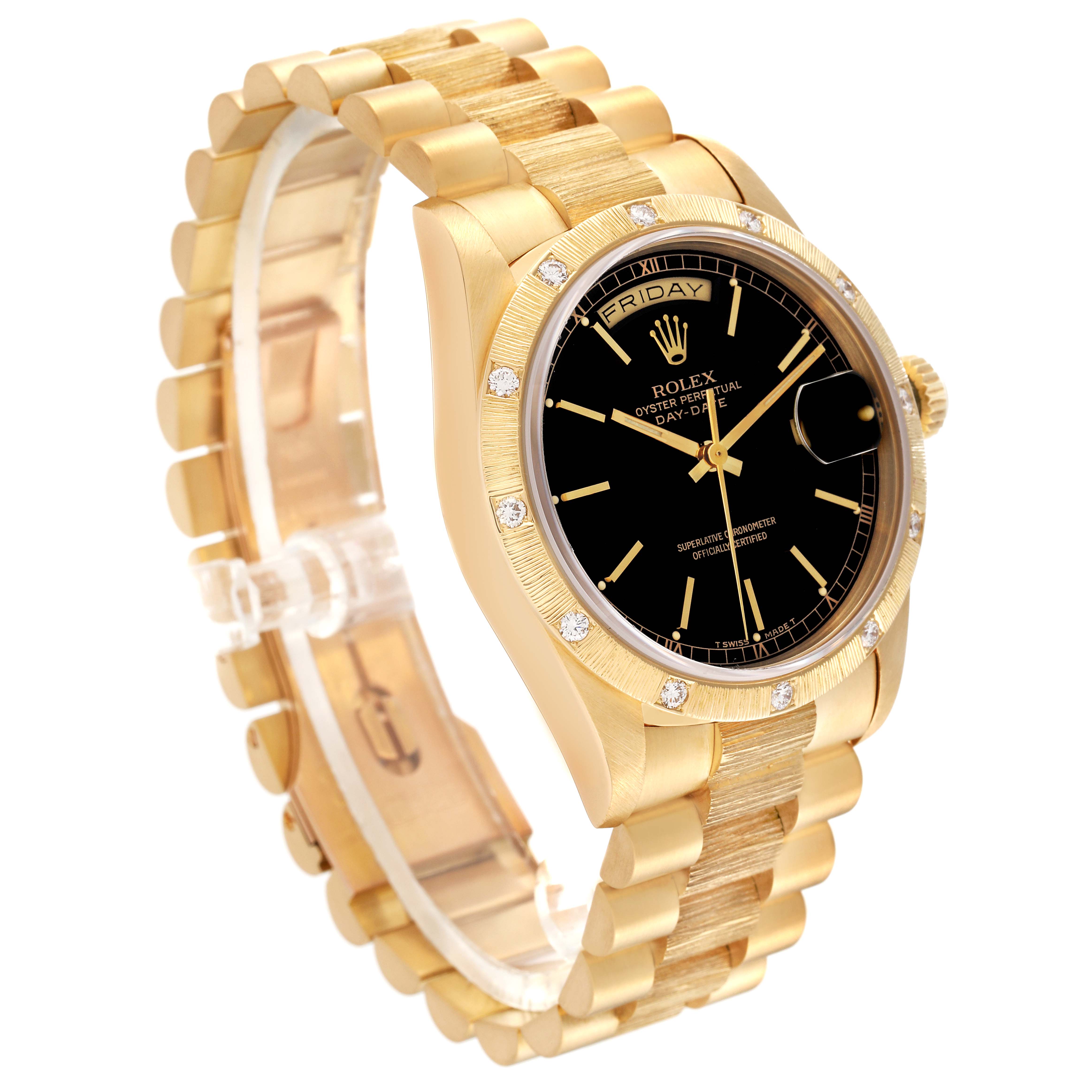 The image shows a Rolex President 18308 Men's Yellow Gold Black Dial 18308 Men's Yellow Gold Black Dial model watch angled to highlight its gold bracelet, black dial, and diamond-set gold bezel.