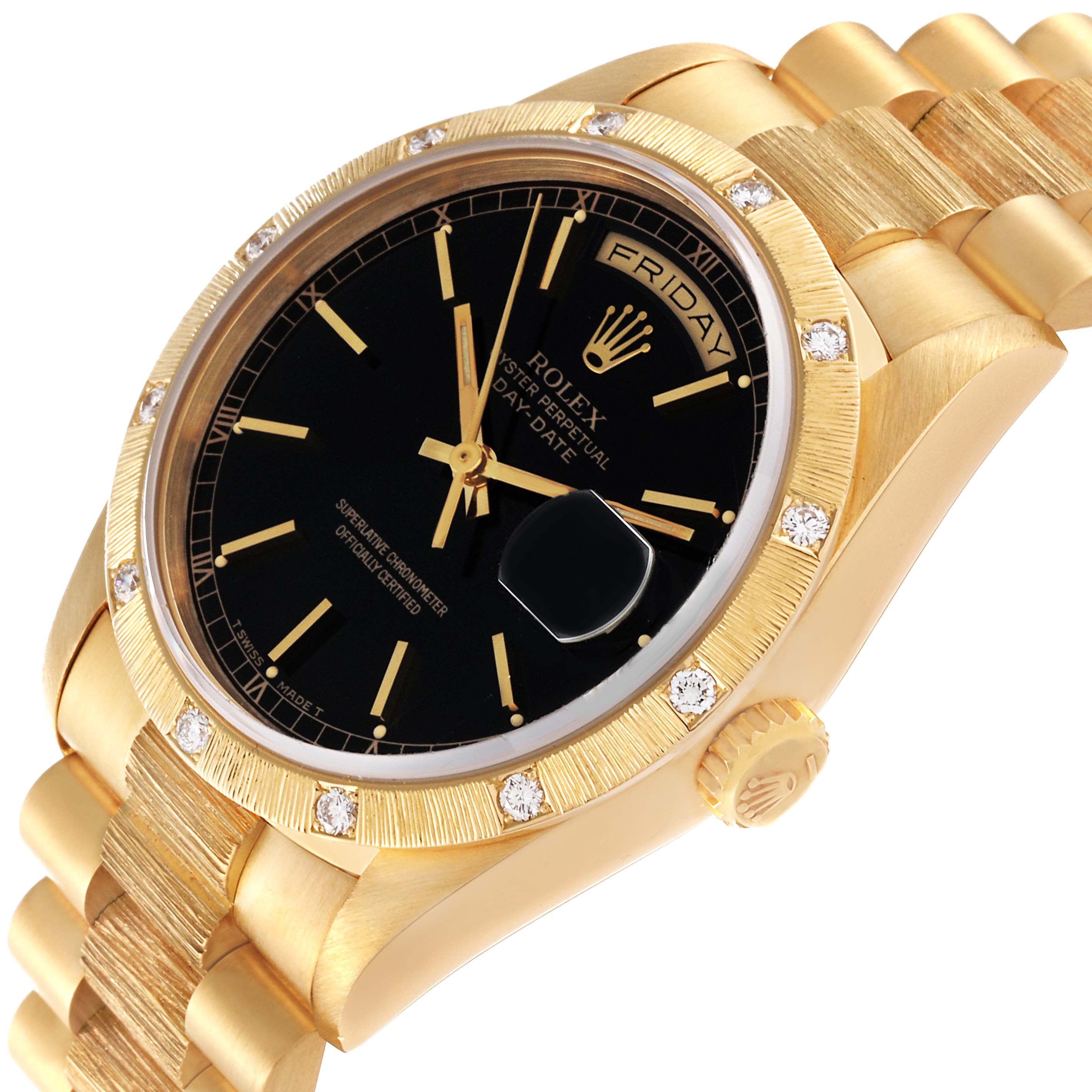 The image shows a close-up of the dial, bezel, and bracelet of a Rolex President 18308 Men's Yellow Gold Black Dial 18308 Men's Yellow Gold Black Dial model watch with a black face and diamond accents.