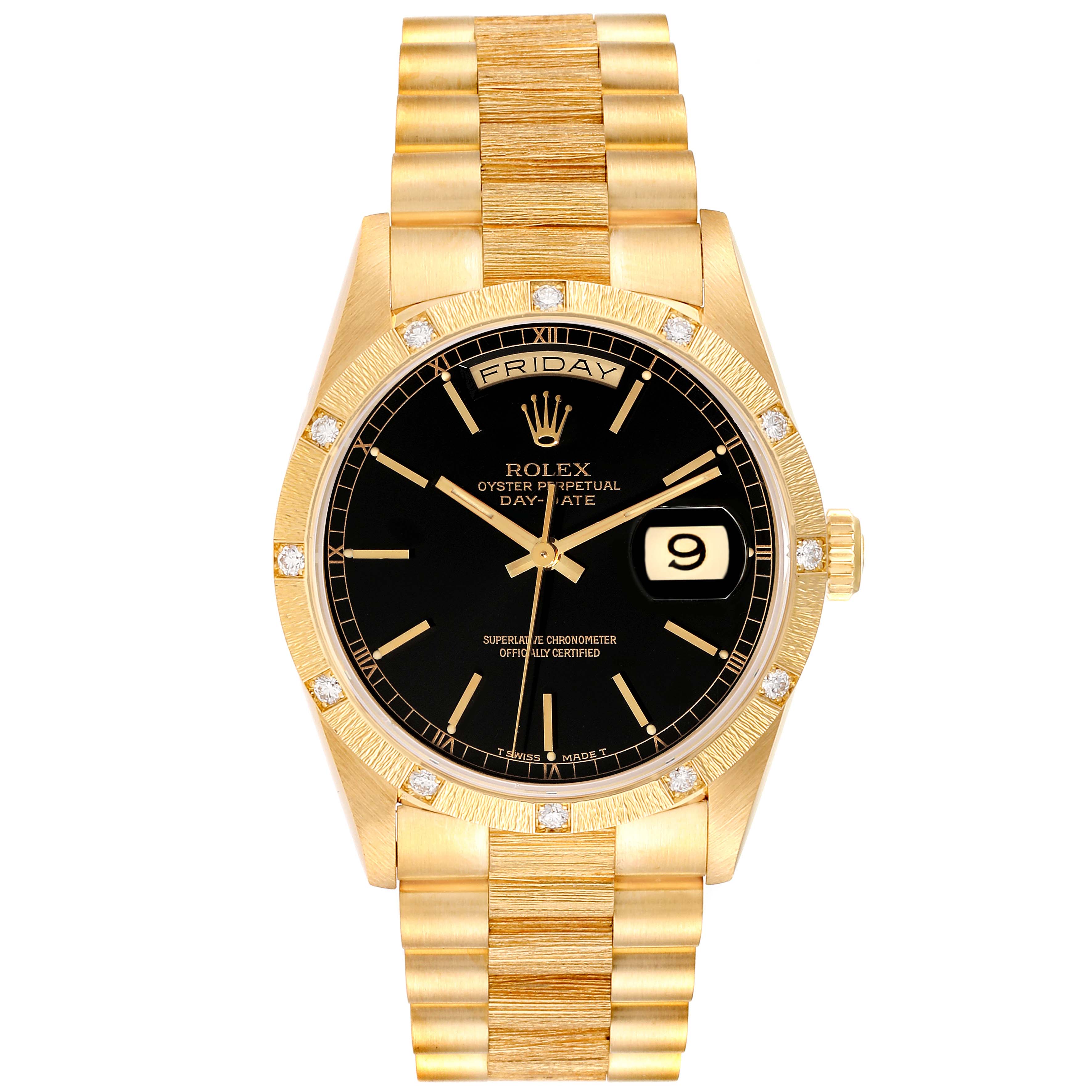 The image shows a Rolex President 18308 Men's Yellow Gold Black Dial 18308 Men's Yellow Gold Black Dial model watch from a front angle, highlighting its golden band and black face with a date display.