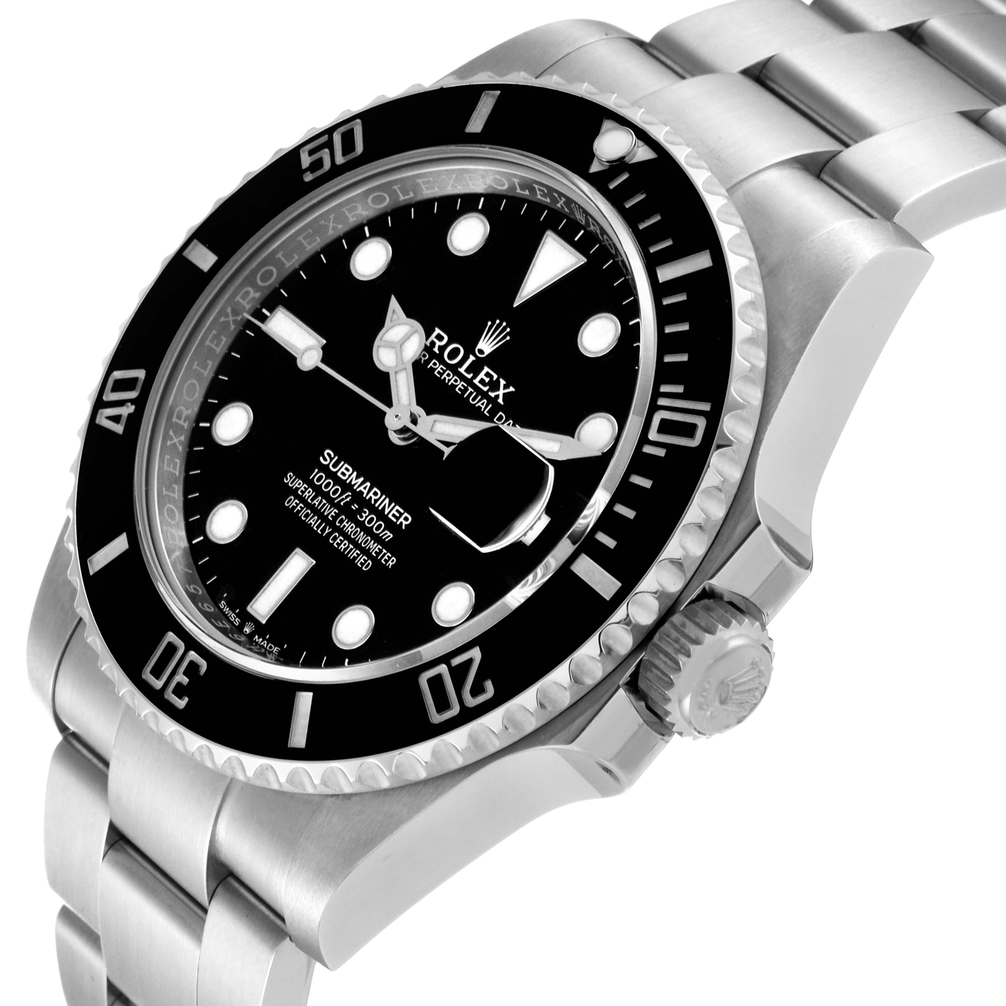 The Rolex Submariner 126610 Men
s Stainless Steel Black Dial 126610 Men
s Stainless Steel Black Dial watch is shown at an angle displaying its black dial, bezel, crown, and part of the metal bracelet.