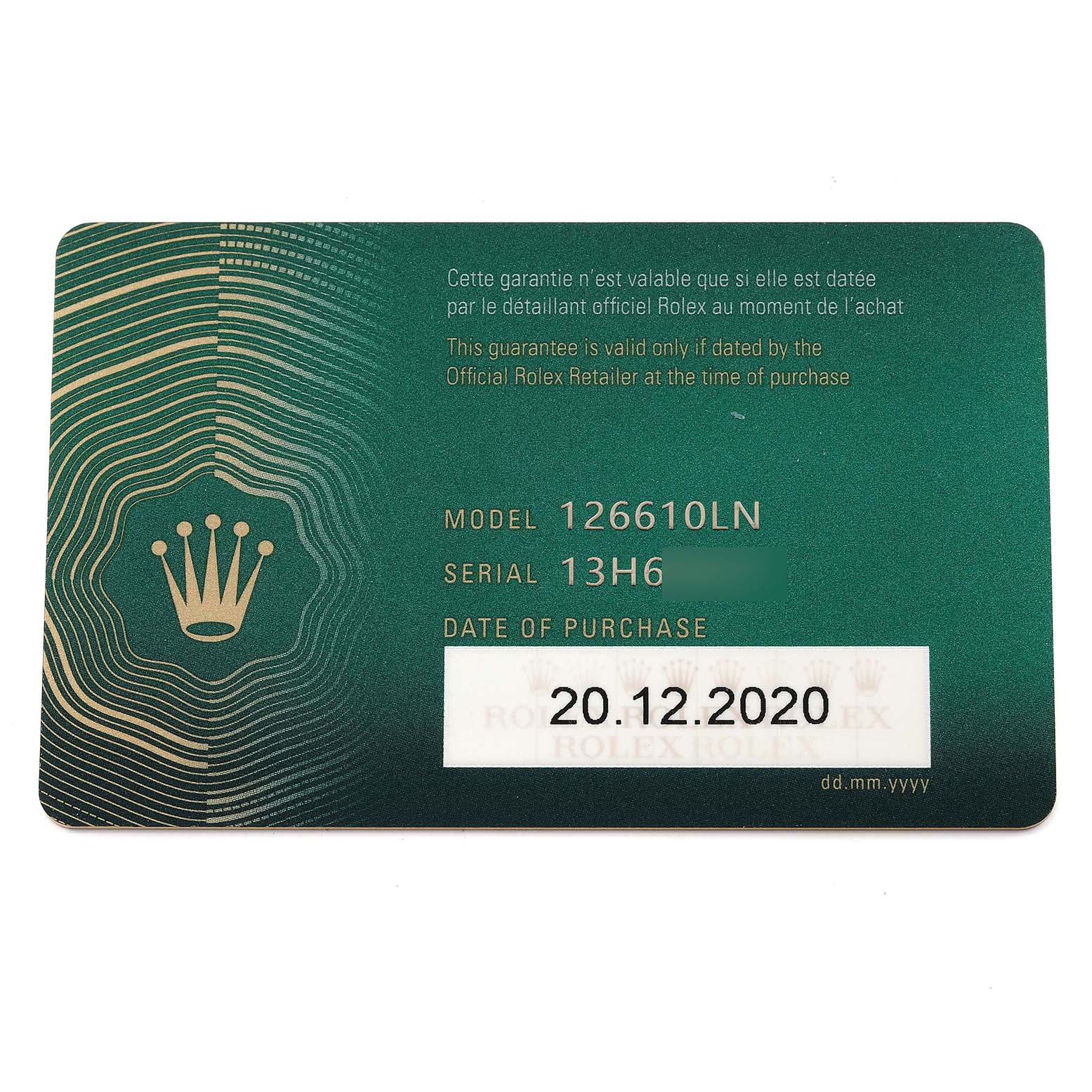The image shows a warranty card for a Rolex Submariner 126610 Men
s Stainless Steel Black Dial 126610 Men
s Stainless Steel Black Dial model 126610LN.