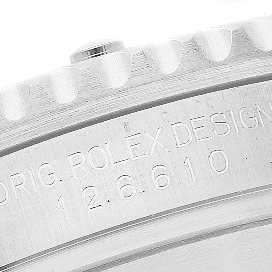 This close-up angle of a Rolex Submariner 126610 Men
s Stainless Steel Black Dial 126610 Men
s Stainless Steel Black Dial shows the engraved bezel and case with the model number 126610 and Rolex branding.