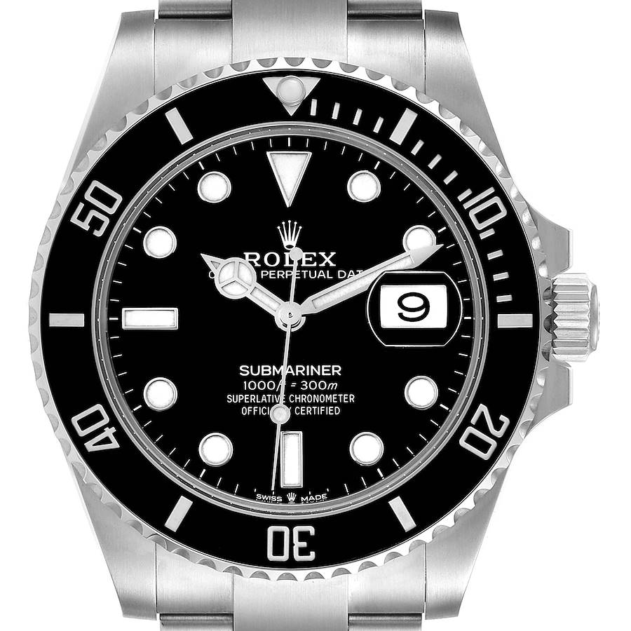 This image shows a front view of a Rolex Submariner watch, highlighting its black dial, bezel, and date window.