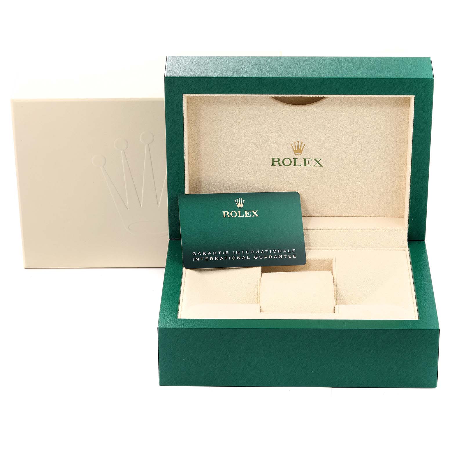 This image shows the open box and guarantee card for a Rolex Submariner 126610 Men
s Stainless Steel Black Dial 126610 Men
s Stainless Steel Black Dial watch.