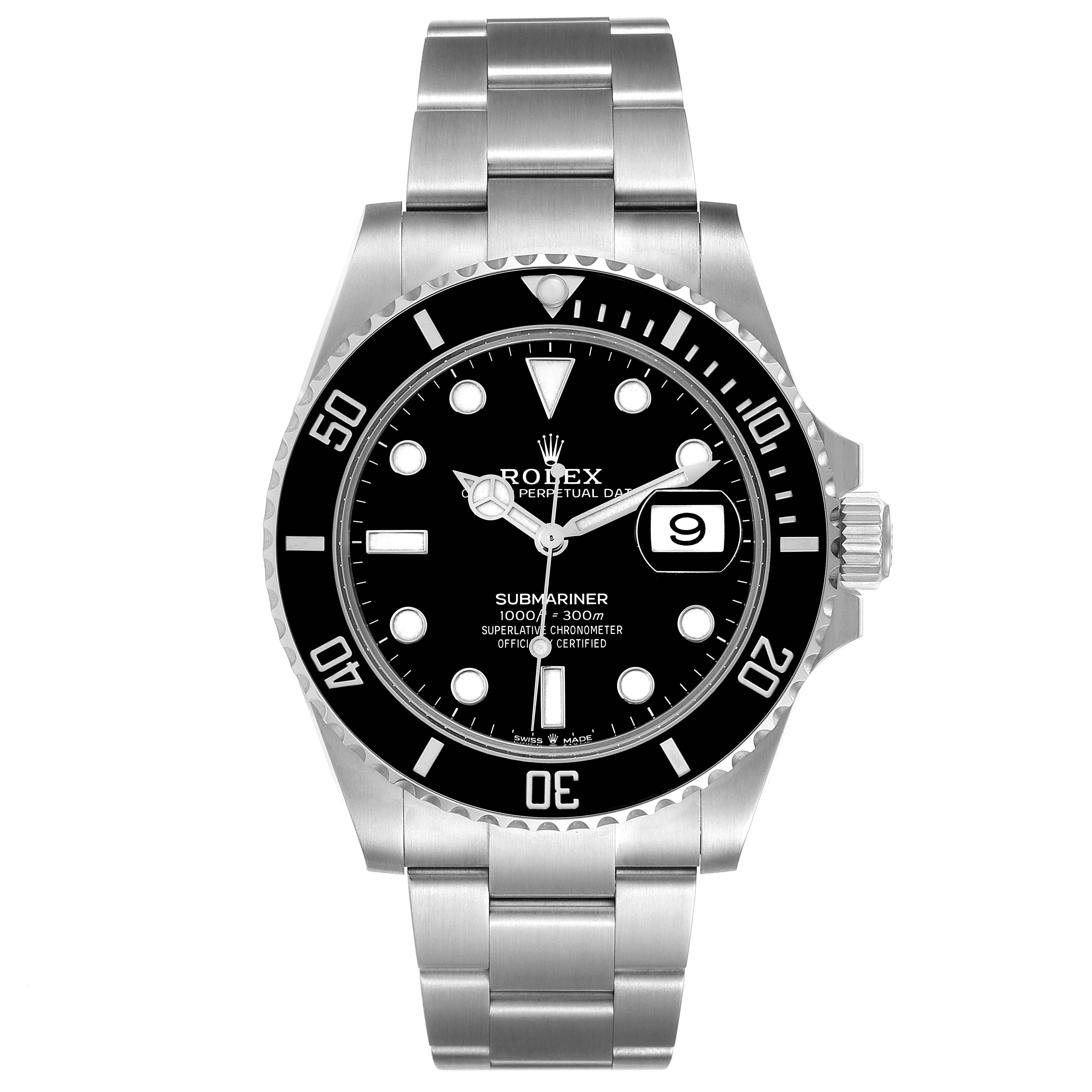 The image shows a front view of a Rolex Submariner 126610 Men
s Stainless Steel Black Dial 126610 Men
s Stainless Steel Black Dial watch, highlighting the dial, bezel, and bracelet.