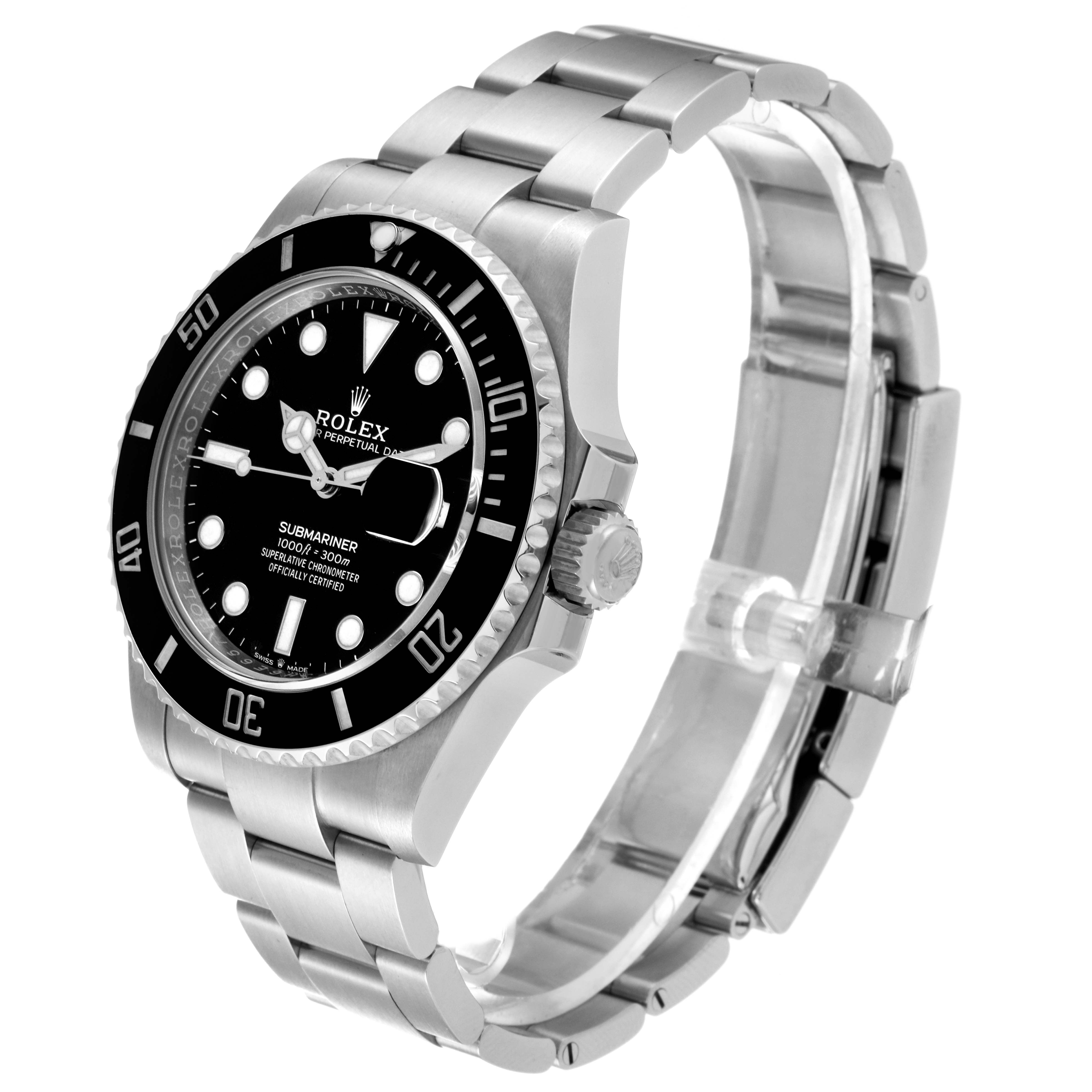 This image shows a Rolex Submariner 126610 Men
s Stainless Steel Black Dial 126610 Men
s Stainless Steel Black Dial watch from a three-quarter angle, highlighting the black dial, bezel, and stainless steel bracelet.