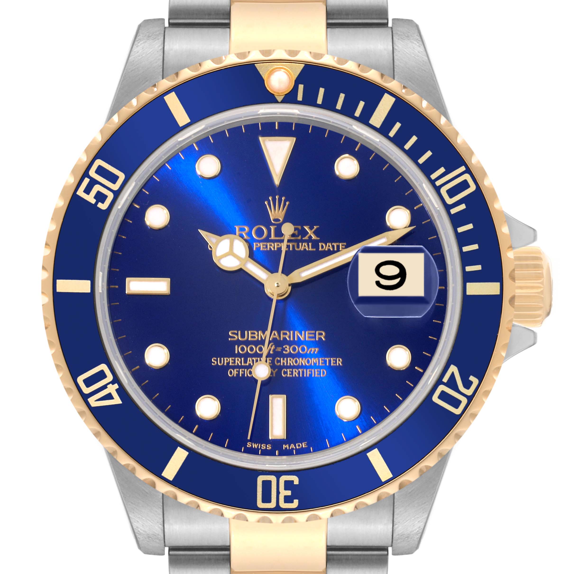 This image shows a front view of a Rolex Submariner 16613 Men's Steel and Gold (two tone) Blue Dial 16613 Men's Steel and Gold (two tone) Blue Dial watch, highlighting its blue dial, gold accents, and date window.