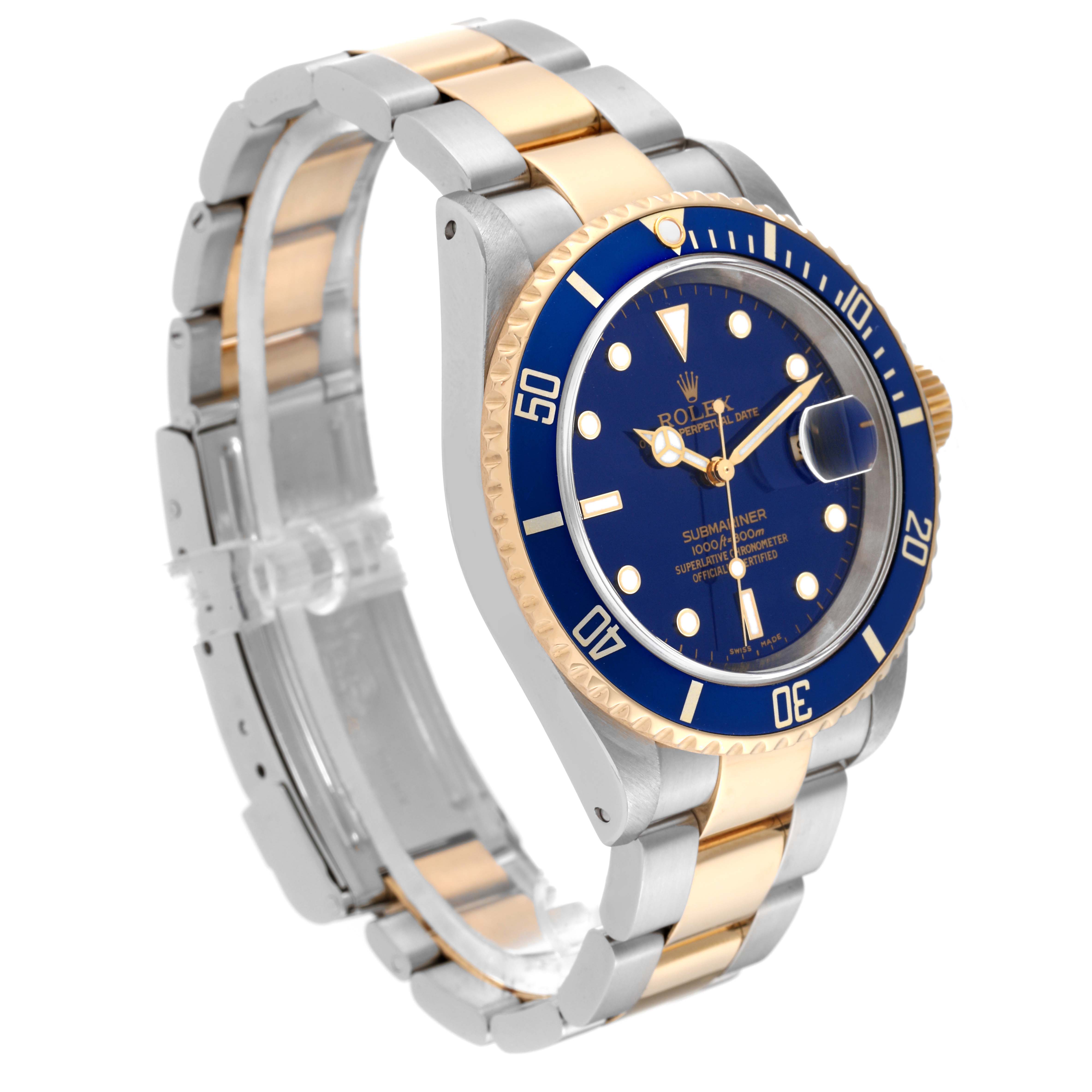 This image shows a Rolex Submariner 16613 Men's Steel and Gold (two tone) Blue Dial 16613 Men's Steel and Gold (two tone) Blue Dial watch at an angle displaying the face, bezel, crown, and part of the bracelet.