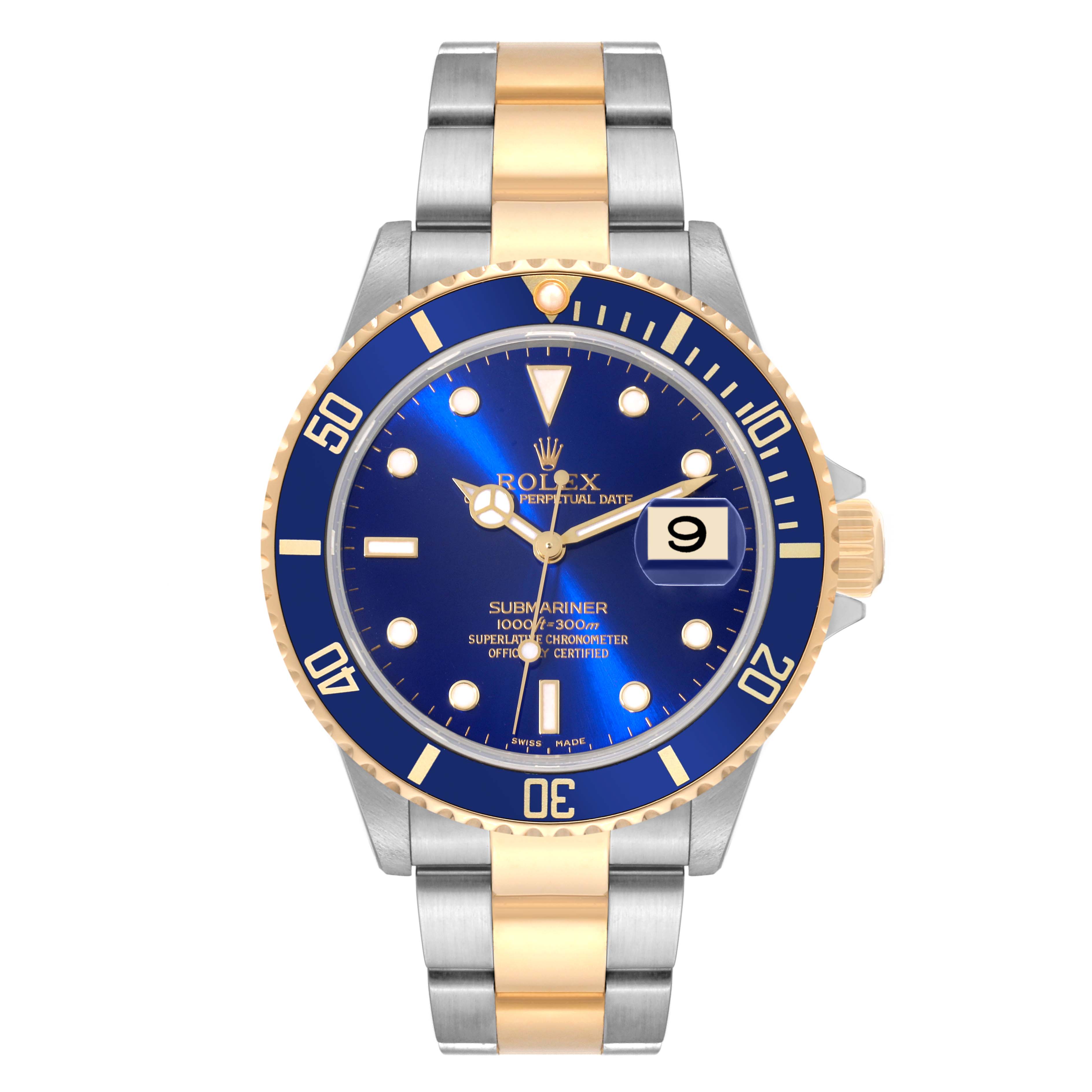 The image shows a Rolex Submariner 16613 Men's Steel and Gold (two tone) Blue Dial 16613 Men's Steel and Gold (two tone) Blue Dial watch with a blue dial, gold bezel, and two-tone bracelet from the front angle.