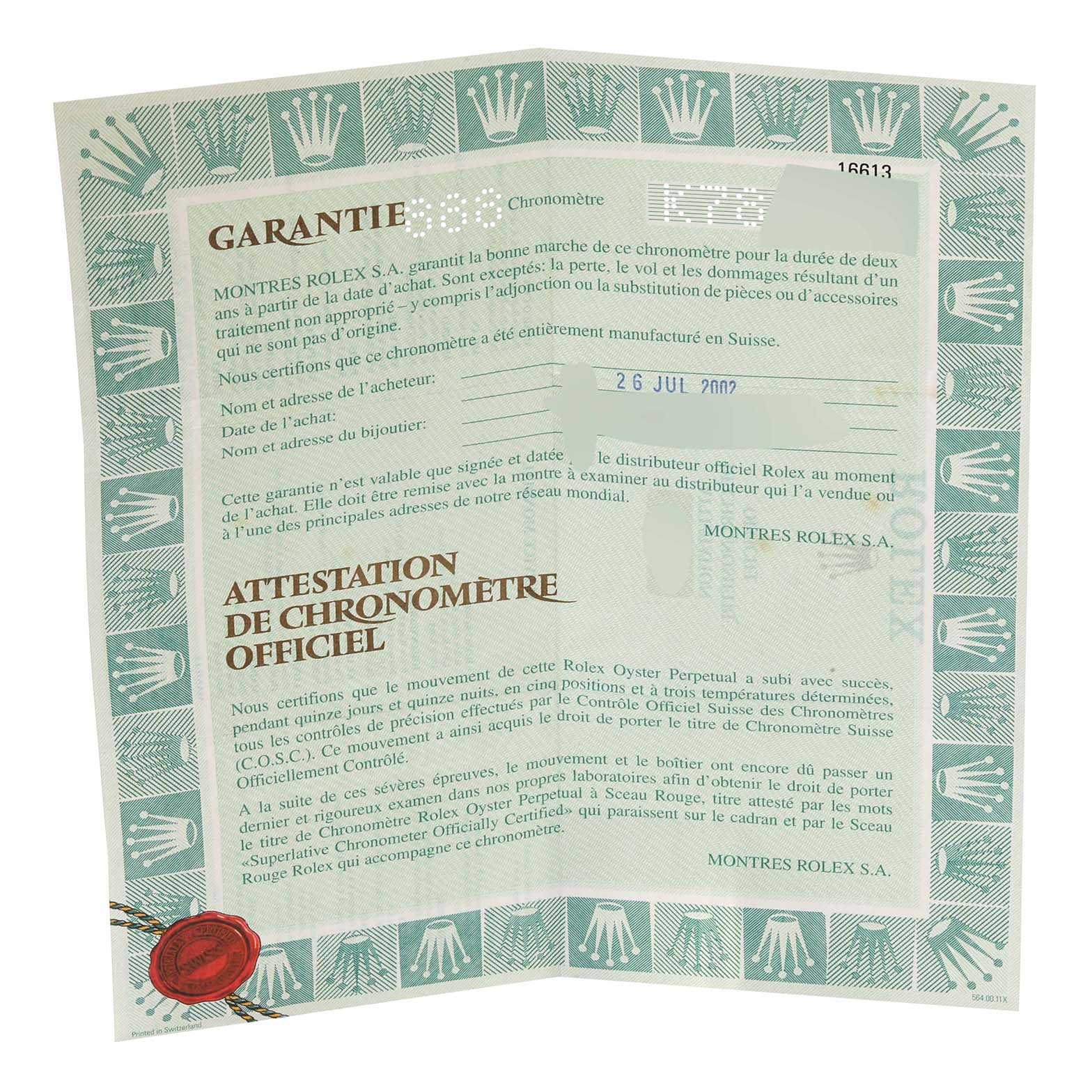 This is a warranty certificate for the Rolex Submariner 16613 Men's Steel and Gold (two tone) Blue Dial 16613 Men's Steel and Gold (two tone) Blue Dial watch model, showing details and official chronometer certification.