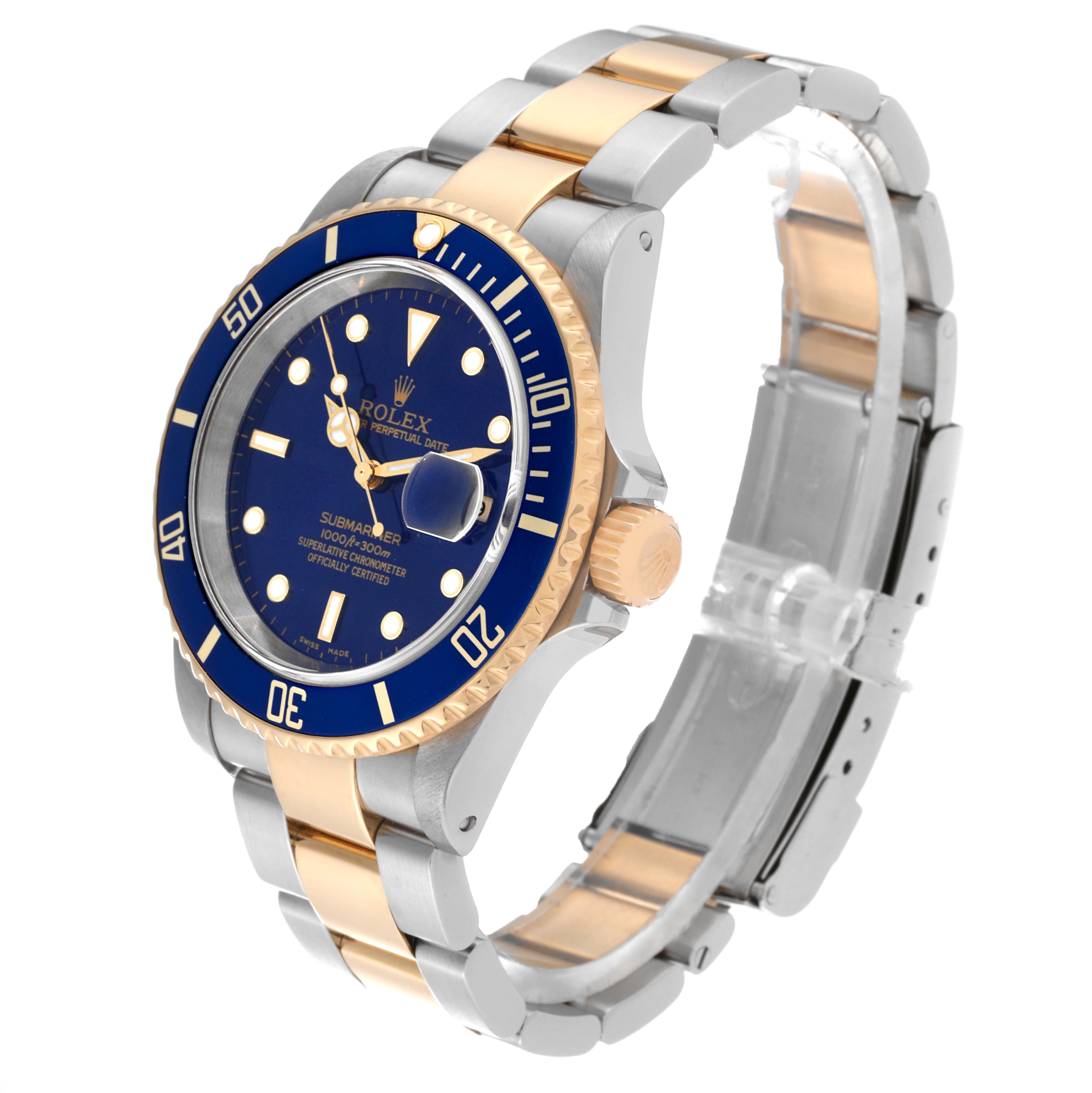 This image shows a Rolex Submariner 16613 Men's Steel and Gold (two tone) Blue Dial 16613 Men's Steel and Gold (two tone) Blue Dial watch at a three-quarter angle, highlighting the dial, bezel, case, and bracelet.