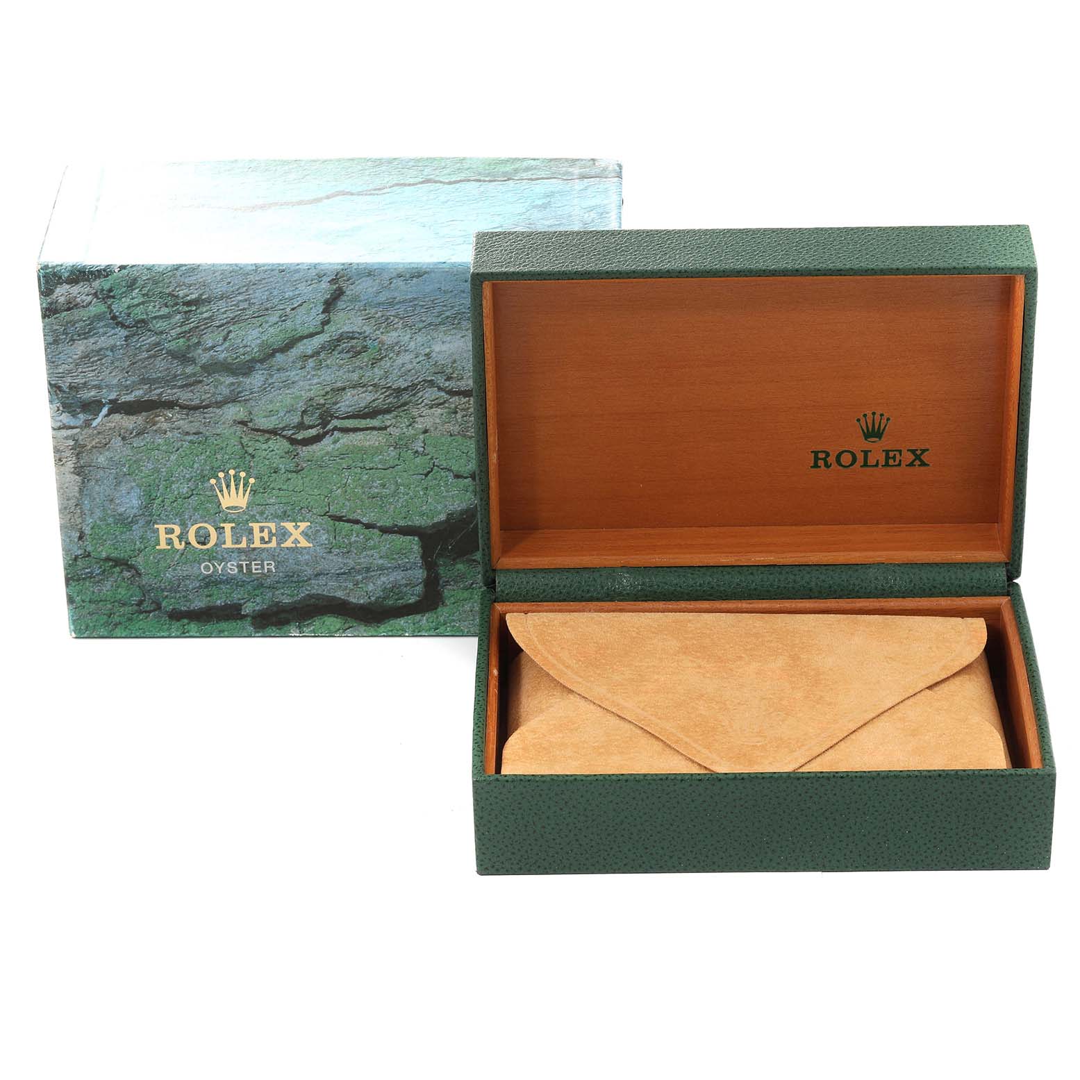 The image shows an empty Rolex Submariner 16610 Men
s Stainless Steel Black Dial 16610 Men
s Stainless Steel Black Dial box, including the outer box and the inner cushioned compartment.