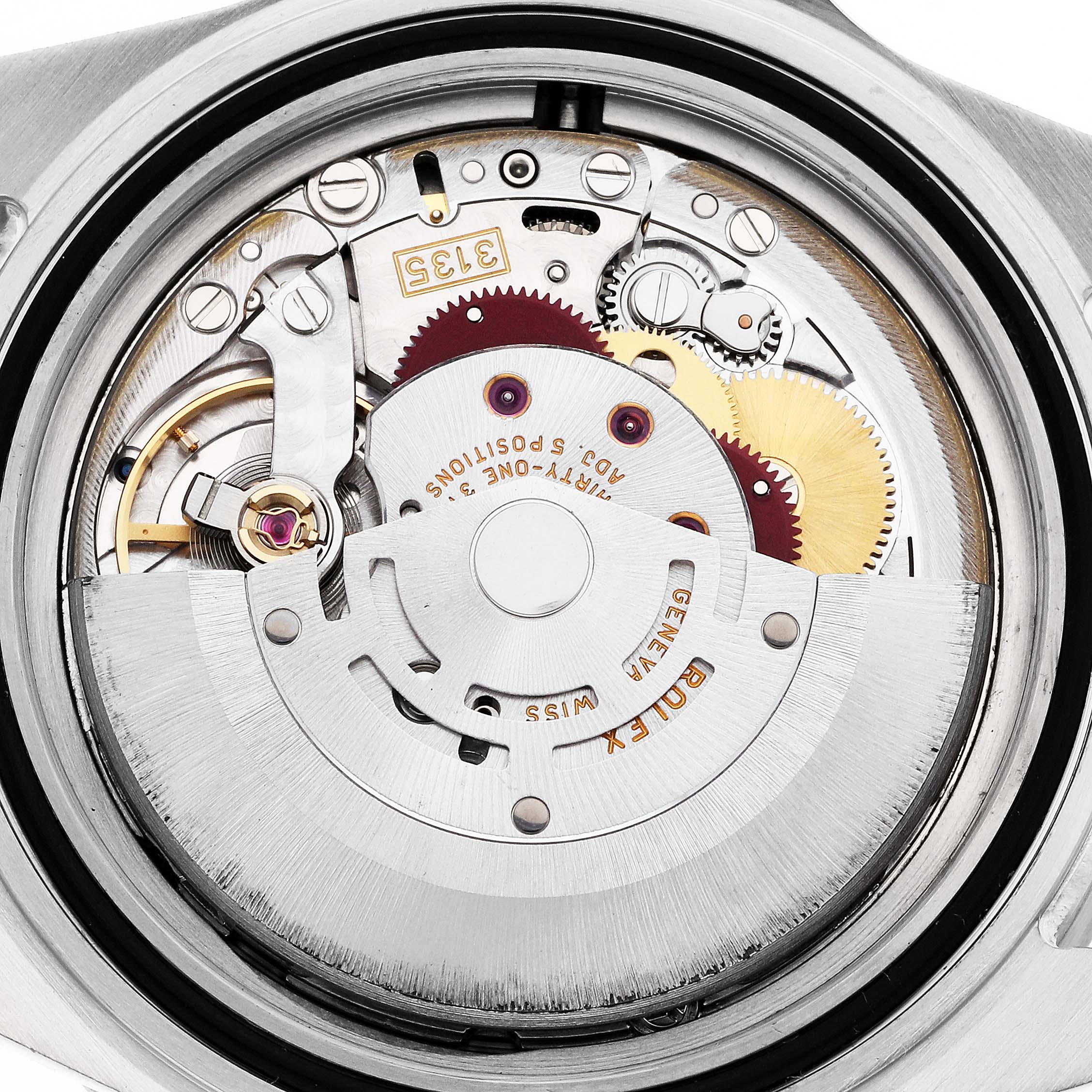 The image displays the inner mechanical movement of a Rolex Submariner 16610 Men
s Stainless Steel Black Dial 16610 Men
s Stainless Steel Black Dial watch, including gears and the oscillating weight.