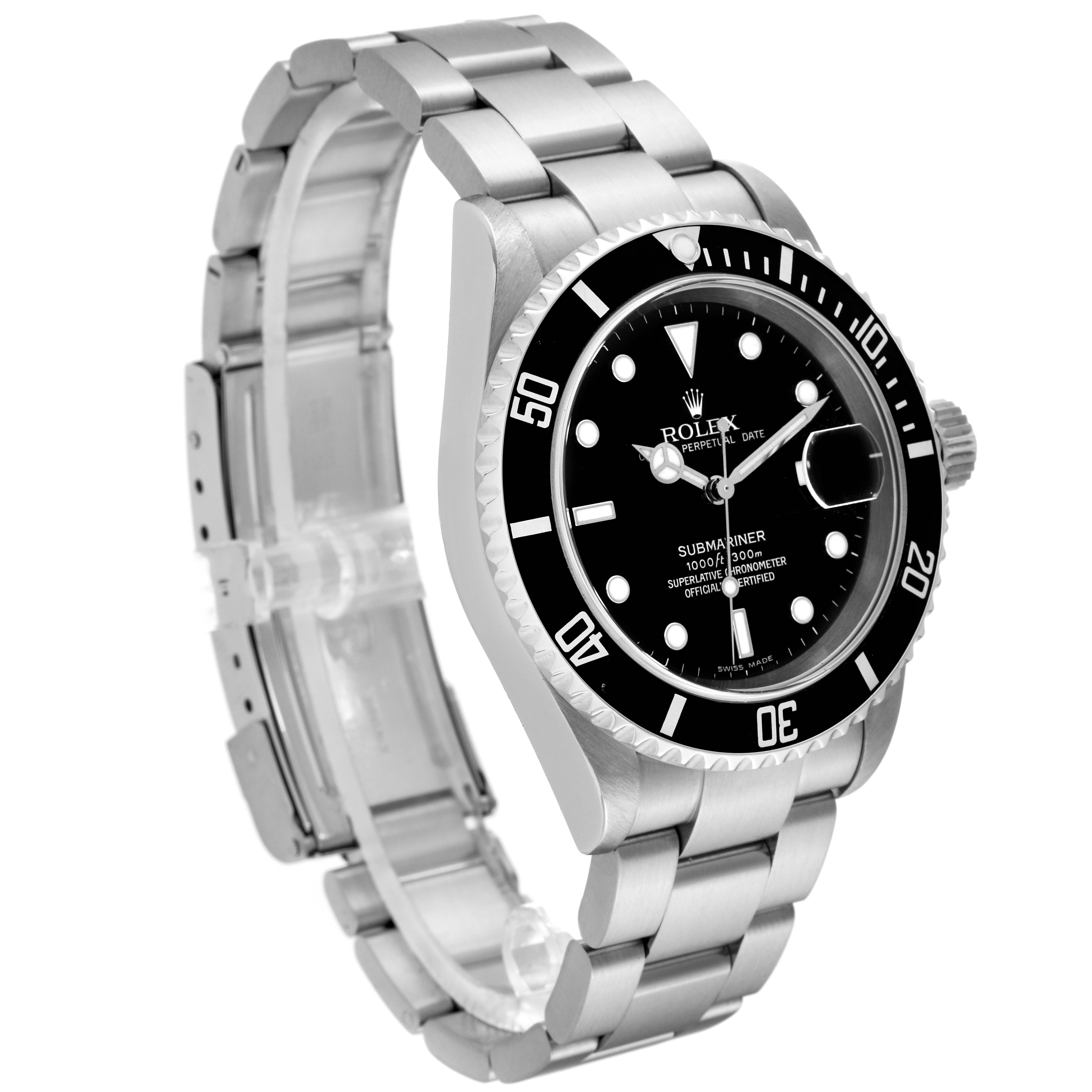 The image shows a side view of a Rolex Submariner 16610 Men
s Stainless Steel Black Dial 16610 Men
s Stainless Steel Black Dial watch, highlighting its stainless steel case, bracelet, and black dial.