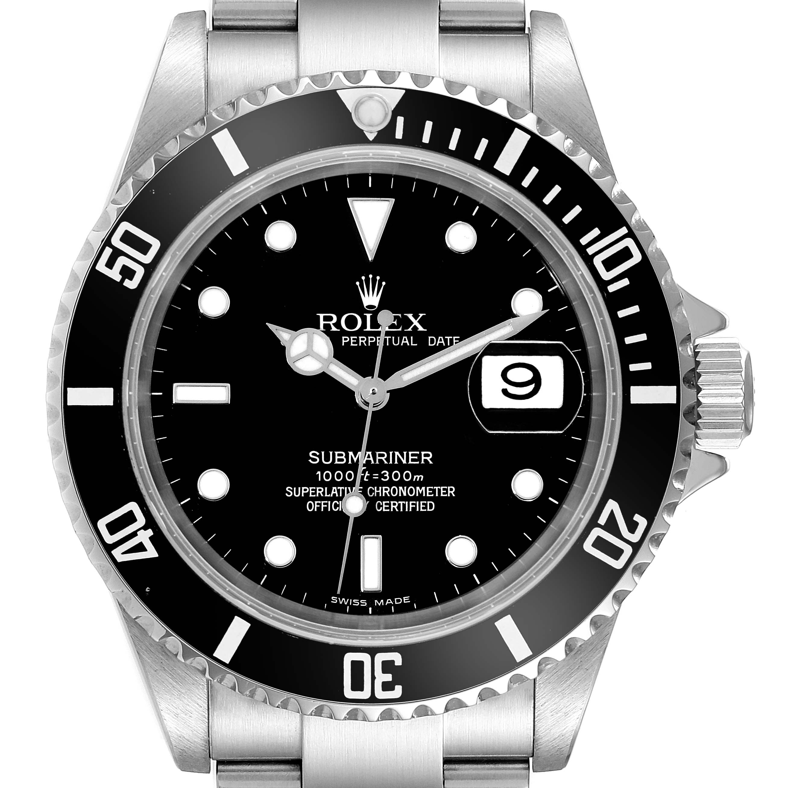 The image shows a frontal view of the Rolex Submariner 16610 Men
s Stainless Steel Black Dial 16610 Men
s Stainless Steel Black Dial watch, highlighting its dial, bezel, and part of the bracelet.