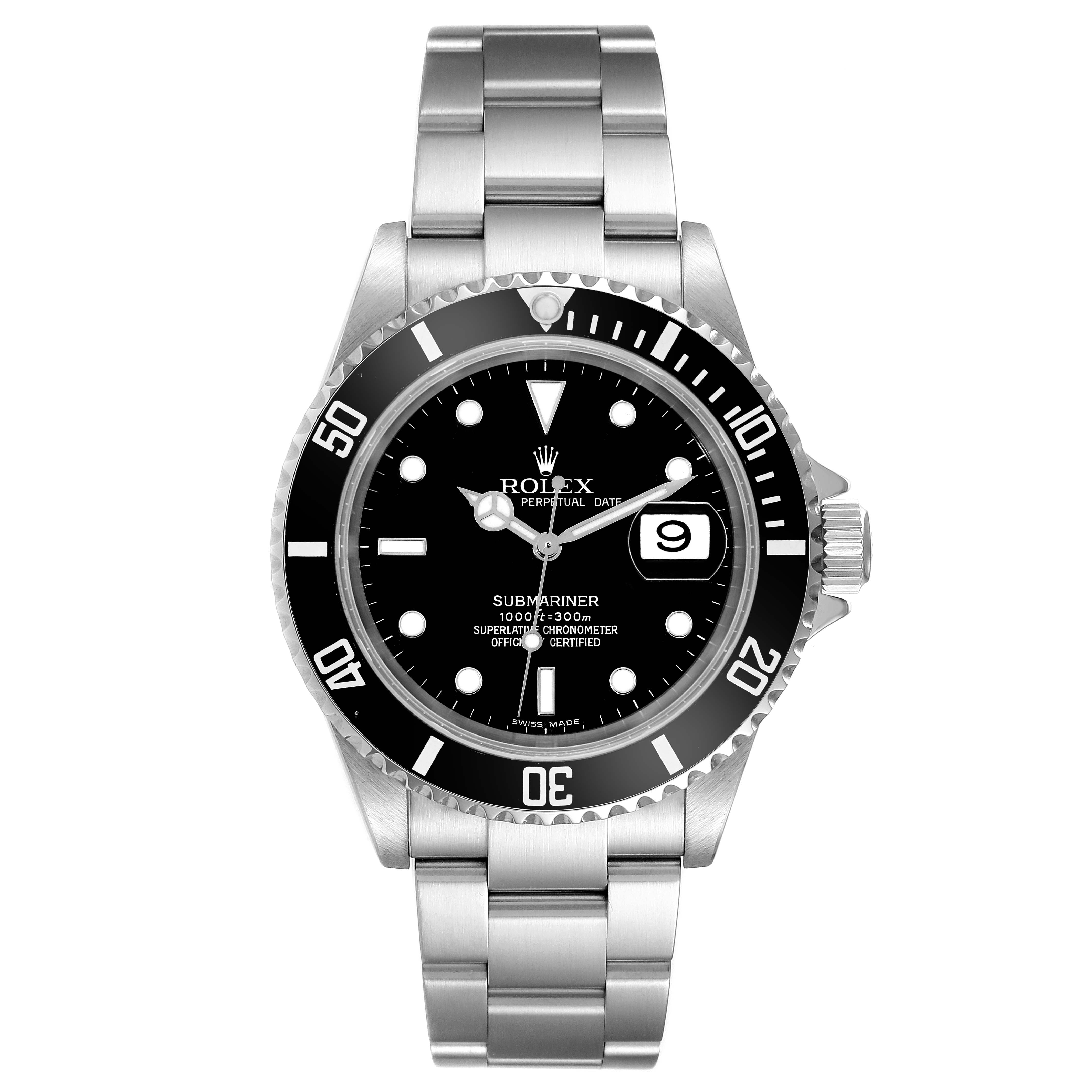 The image displays a frontal view of a Rolex Submariner 16610 Men
s Stainless Steel Black Dial 16610 Men
s Stainless Steel Black Dial watch, showcasing its dial, bezel, and bracelet.