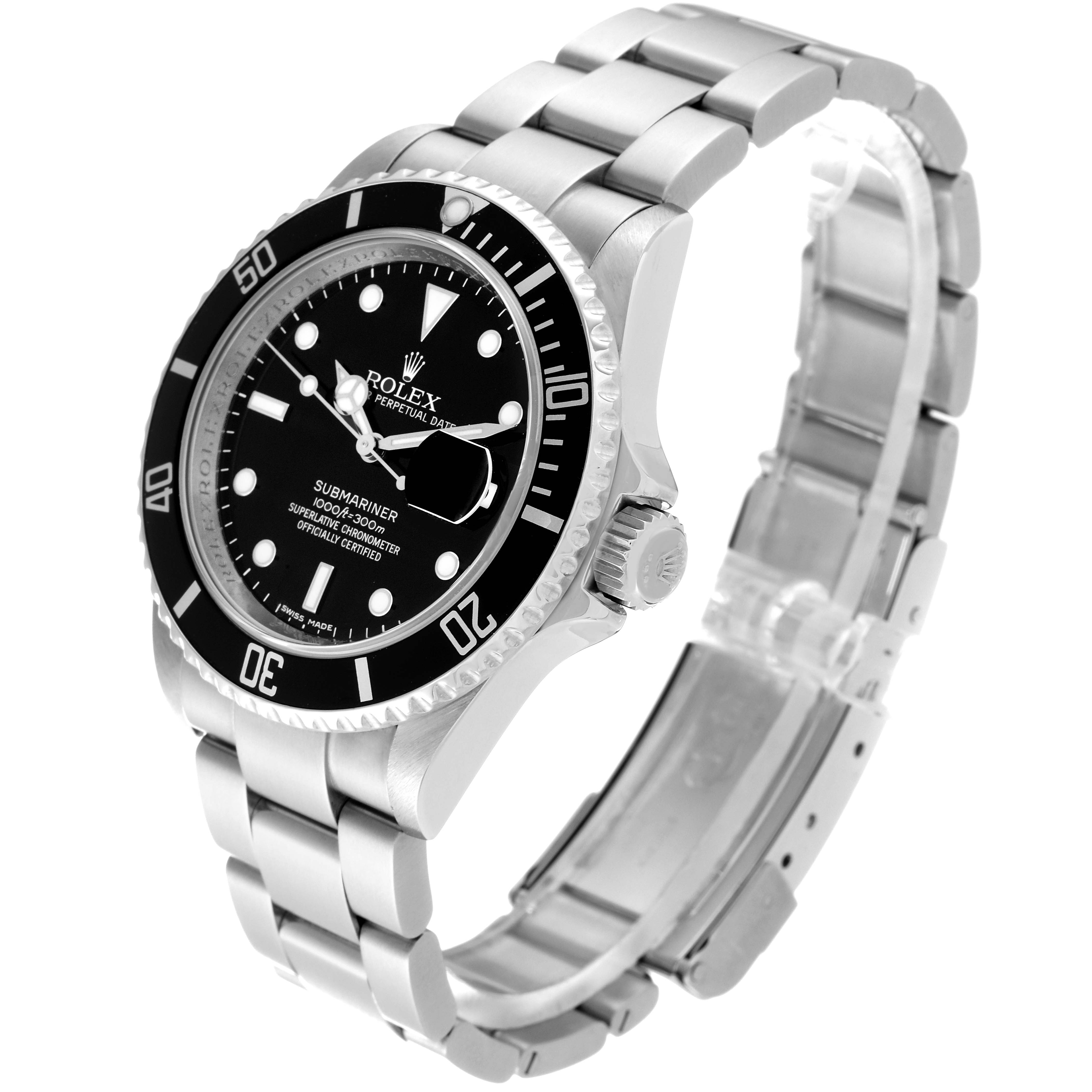 The Rolex Submariner 16610T Men
s Stainless Steel Black Dial 16610T Men
s Stainless Steel Black Dial watch is shown at an angle slightly above and to the right, highlighting its face, bezel, crown, and bracelet.