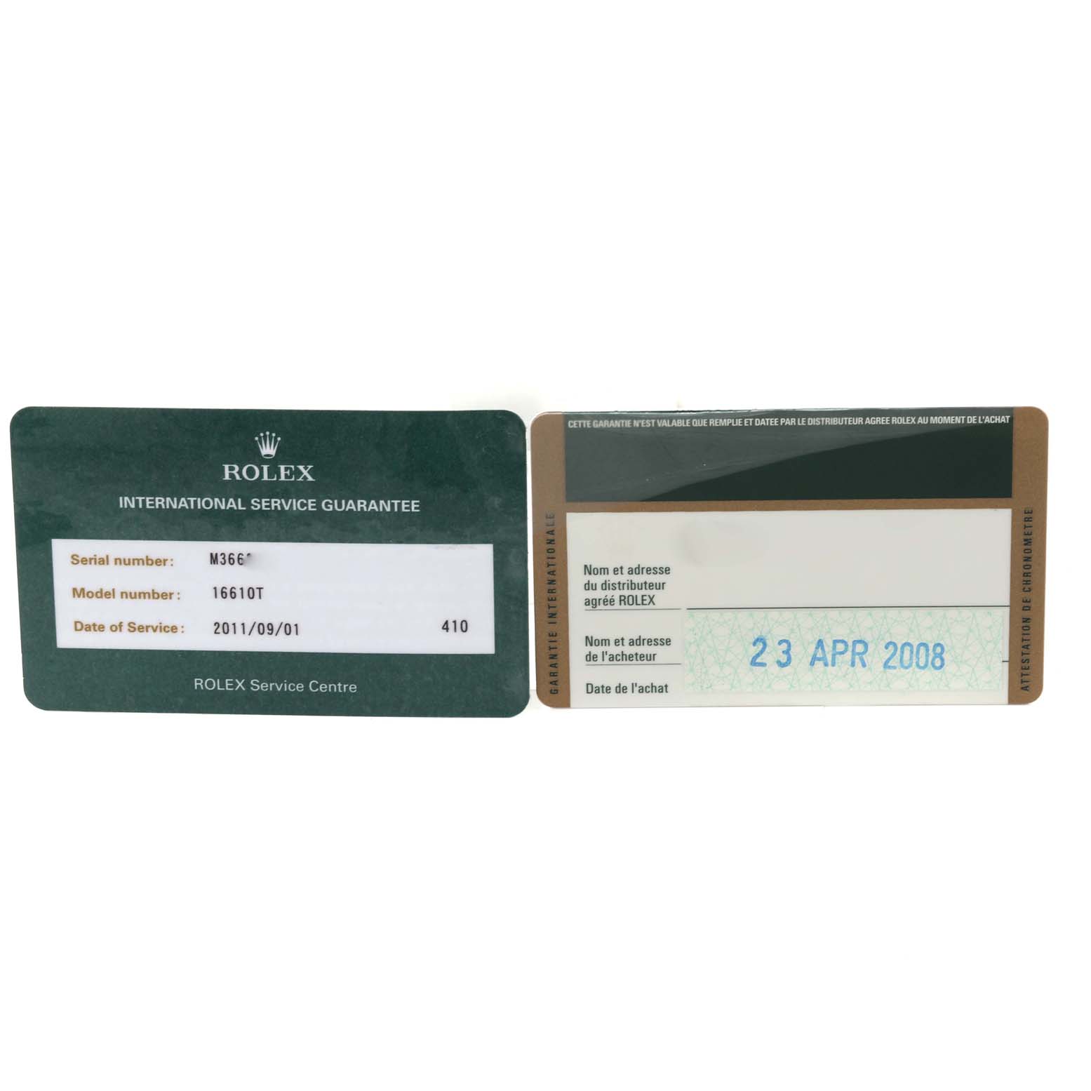 The image shows two warranty cards for a Rolex Submariner 16610T Men
s Stainless Steel Black Dial 16610T Men
s Stainless Steel Black Dial model.