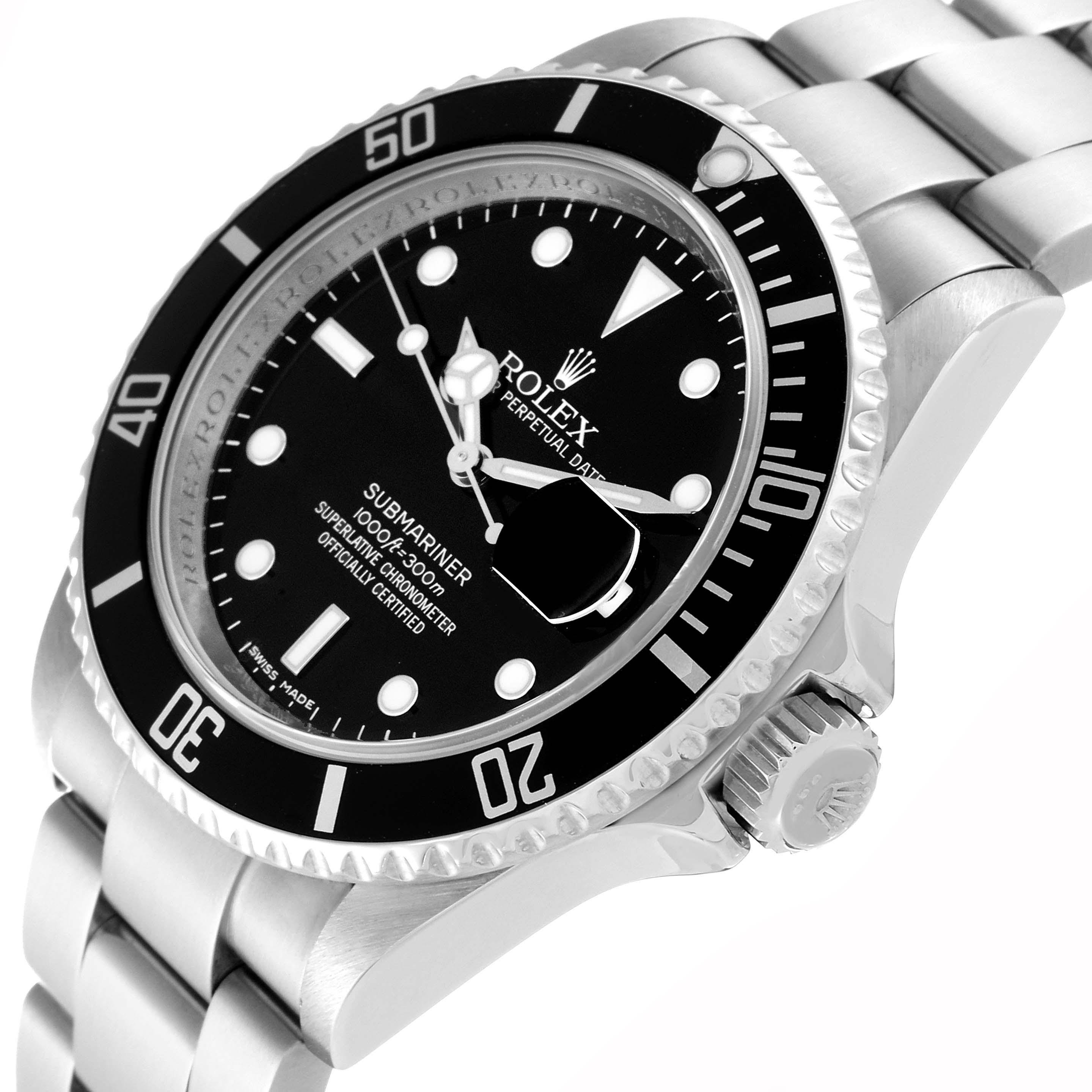 This image shows a Rolex Submariner 16610T Men
s Stainless Steel Black Dial 16610T Men
s Stainless Steel Black Dial watch from an angled view, highlighting the dial, bezel, and part of the bracelet.