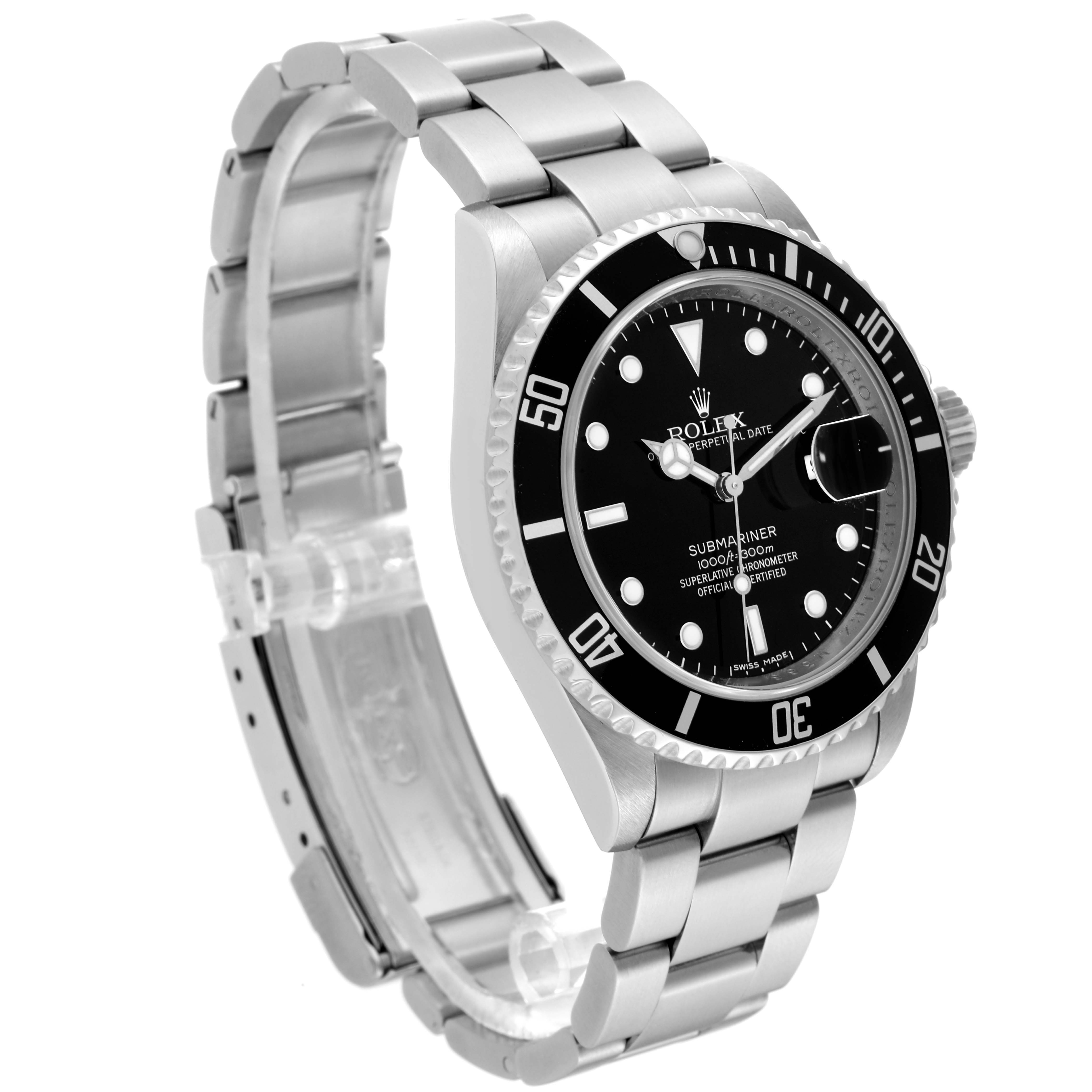 The image shows a Rolex Submariner 16610T Men
s Stainless Steel Black Dial 16610T Men
s Stainless Steel Black Dial watch angled left, displaying the dial, bezel, crown, and part of the bracelet.