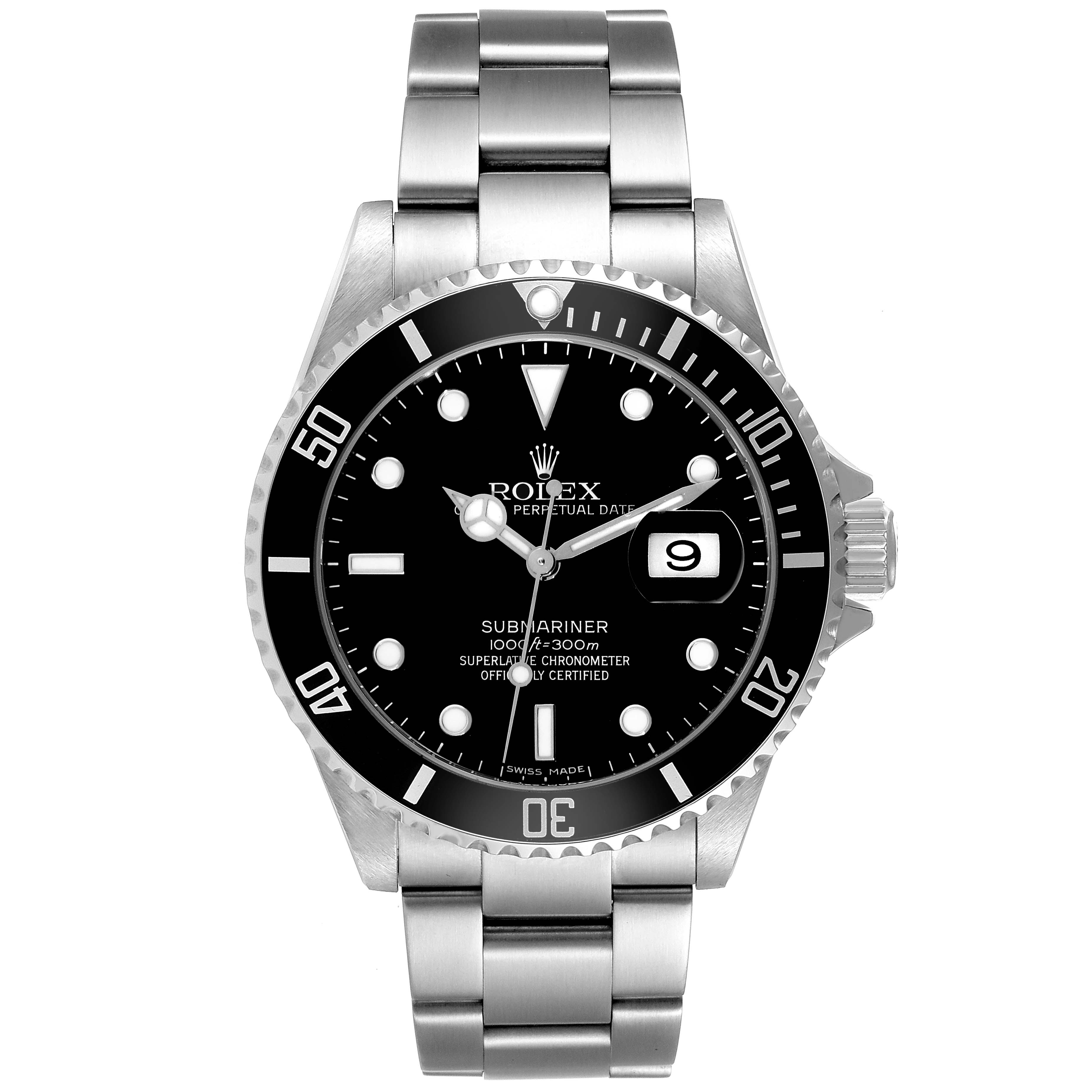 The image shows a front view of a Rolex Submariner 16610T Men
s Stainless Steel Black Dial 16610T Men
s Stainless Steel Black Dial watch, highlighting the dial, bezel, bracelet, and date window.