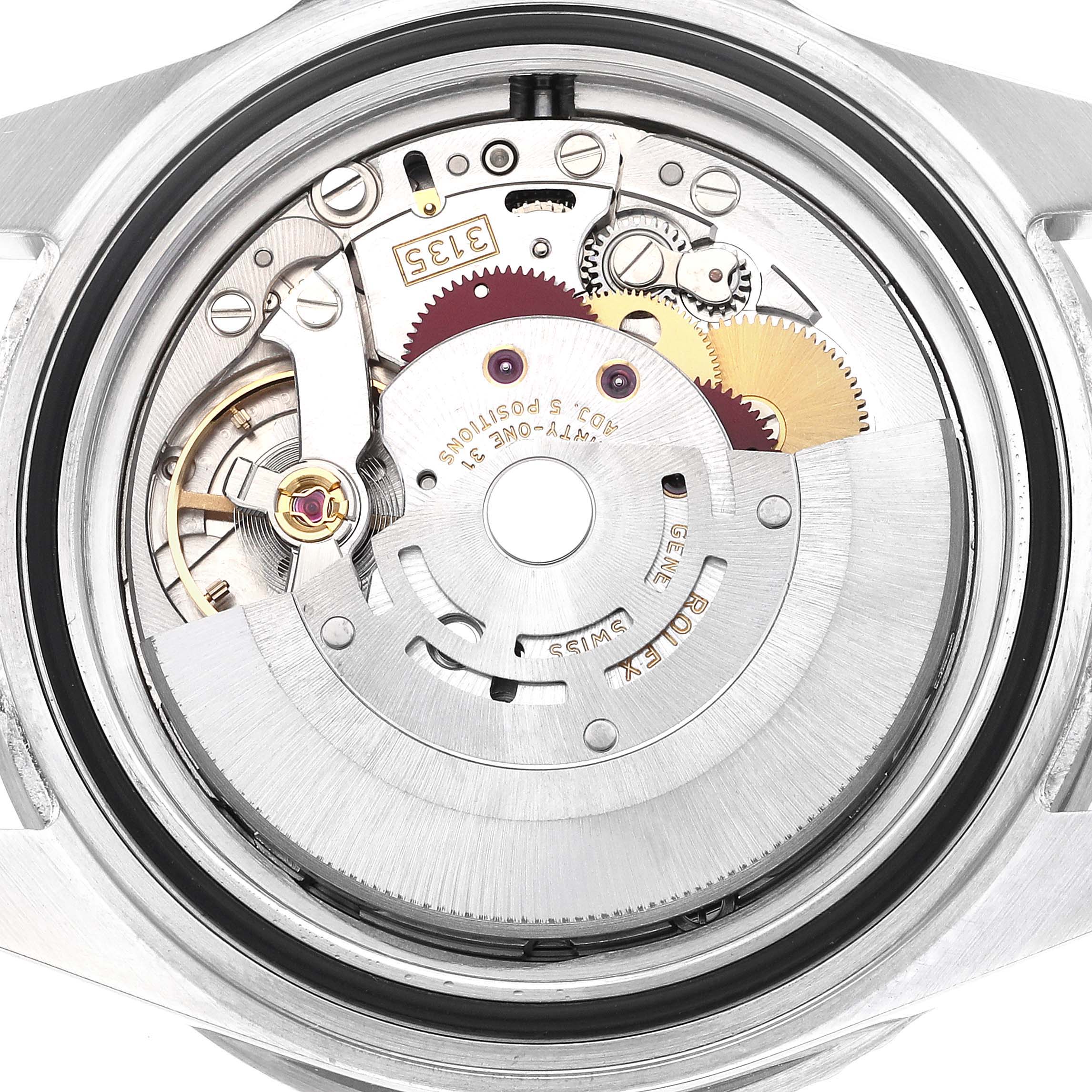 The image shows the movement and internal mechanics of a Rolex Submariner 16610T Men
s Stainless Steel Black Dial 16610T Men
s Stainless Steel Black Dial watch from a back view.