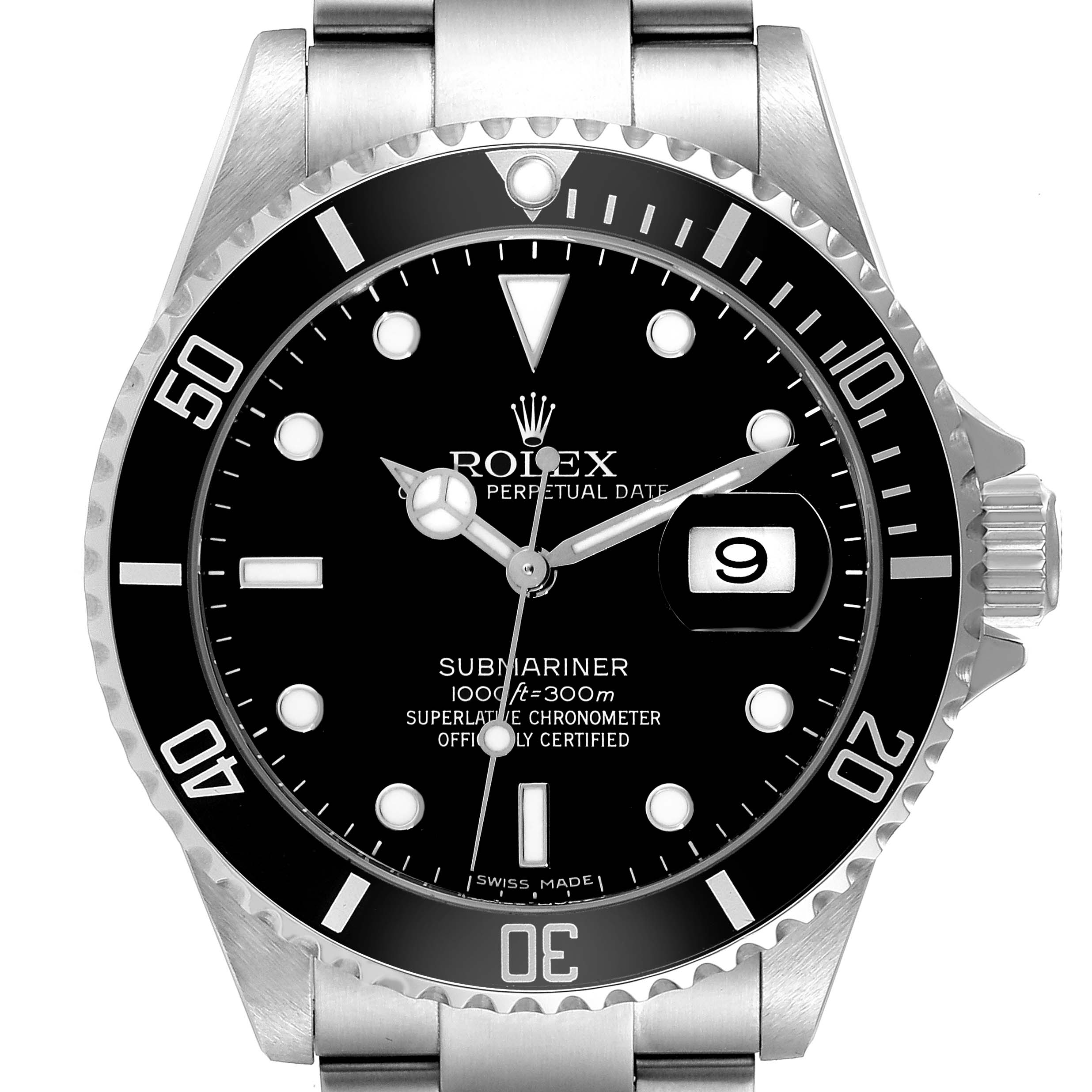 This image shows a front view of the Rolex Submariner 16610T Men
s Stainless Steel Black Dial 16610T Men
s Stainless Steel Black Dial watch, highlighting its dial, bezel, and crown.